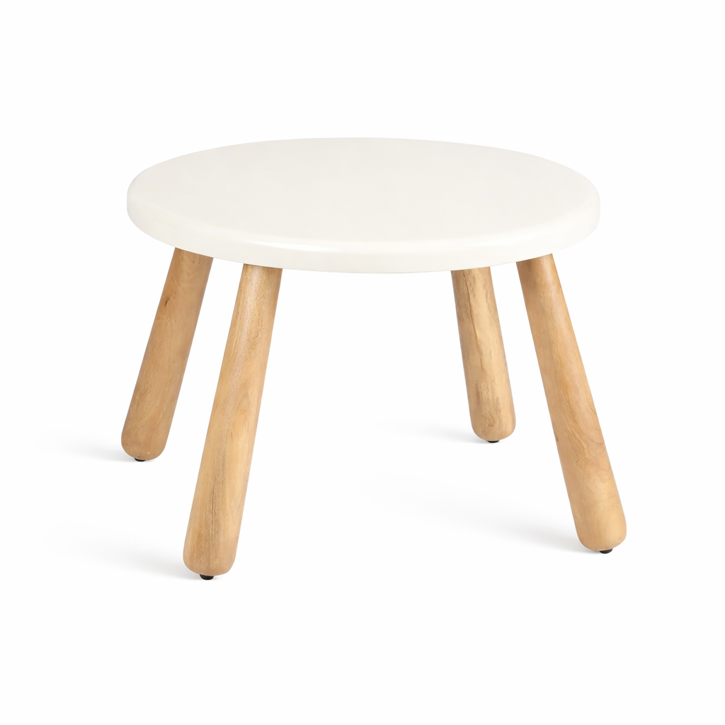 Small round stool with a white seat and wooden legs