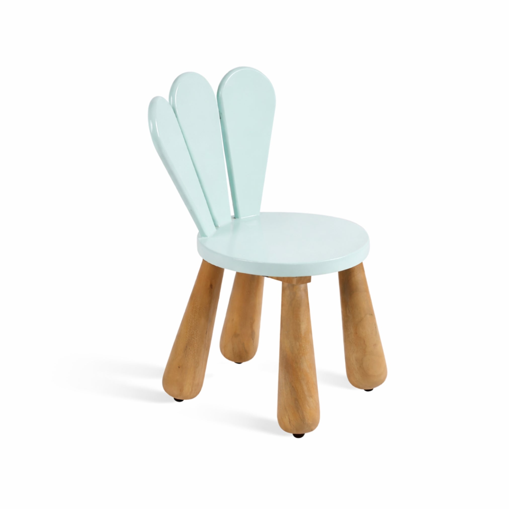 Angled view of blue petal wooden kids chair showing design and craftsmanship