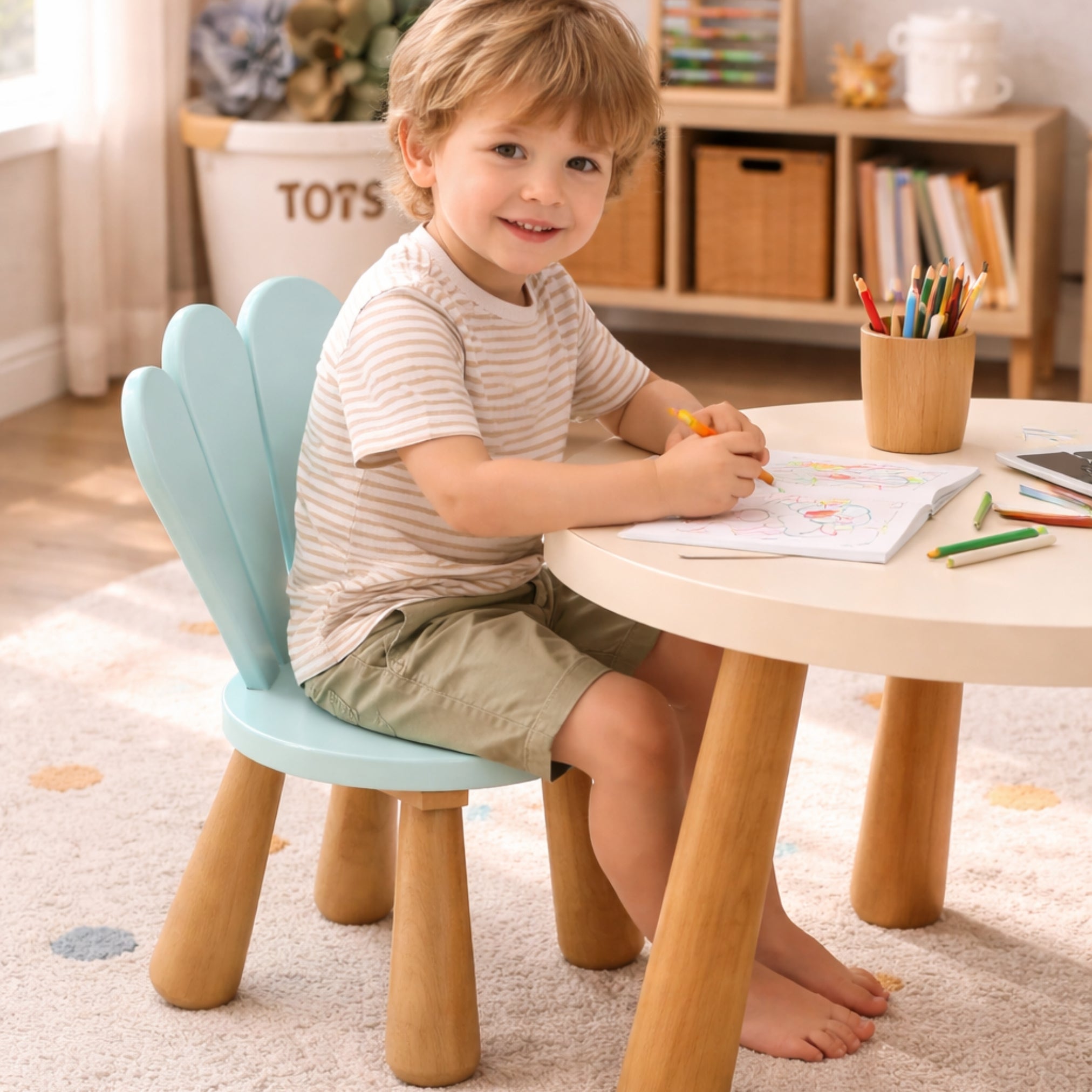 Blue petal wooden kids chair with table