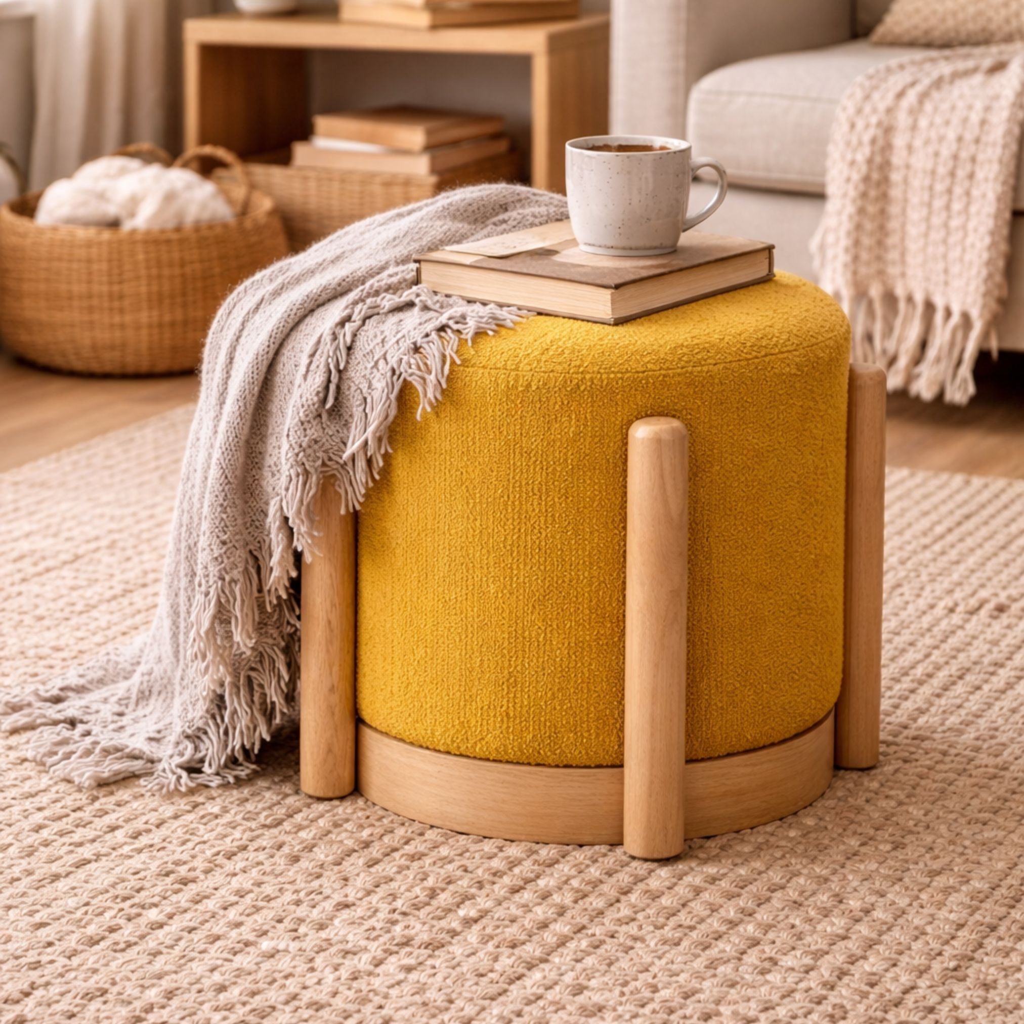 Yellow ottoman with wooden legs in a cozy living room setting.