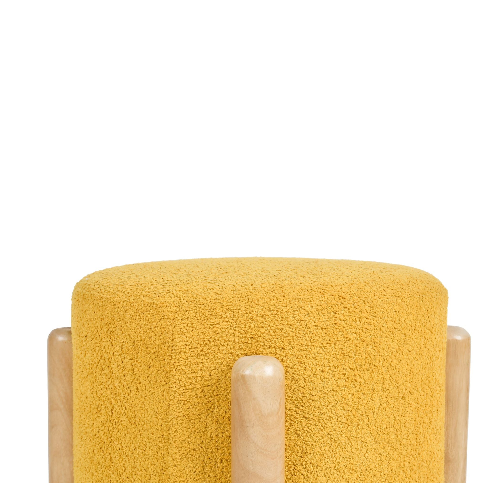 Side profile of Piko upholstered wooden stool in yellow with cylindrical shape