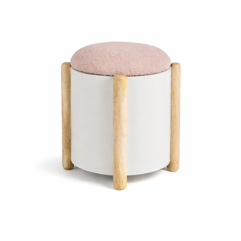 Pink puff storage stool with wooden legs front view