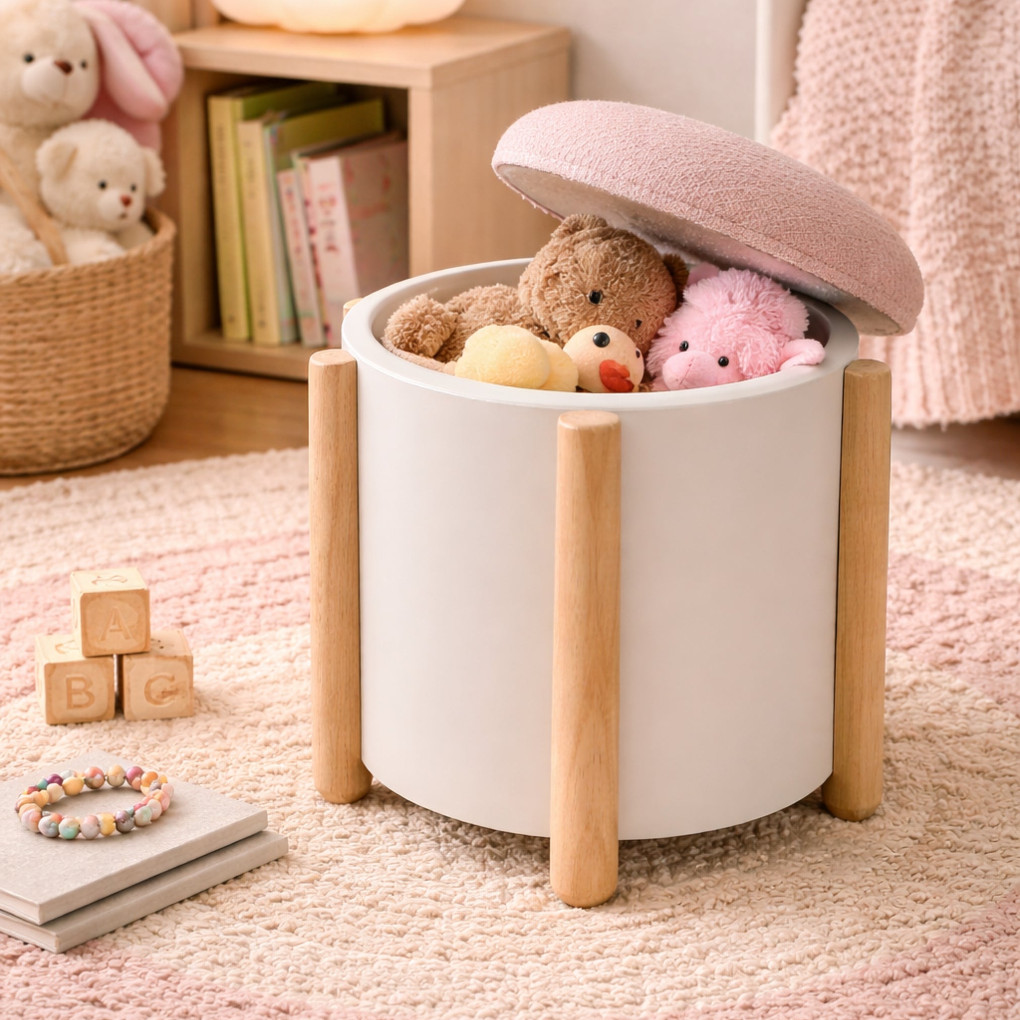 Pink puff storage stool with toys inside in kids room