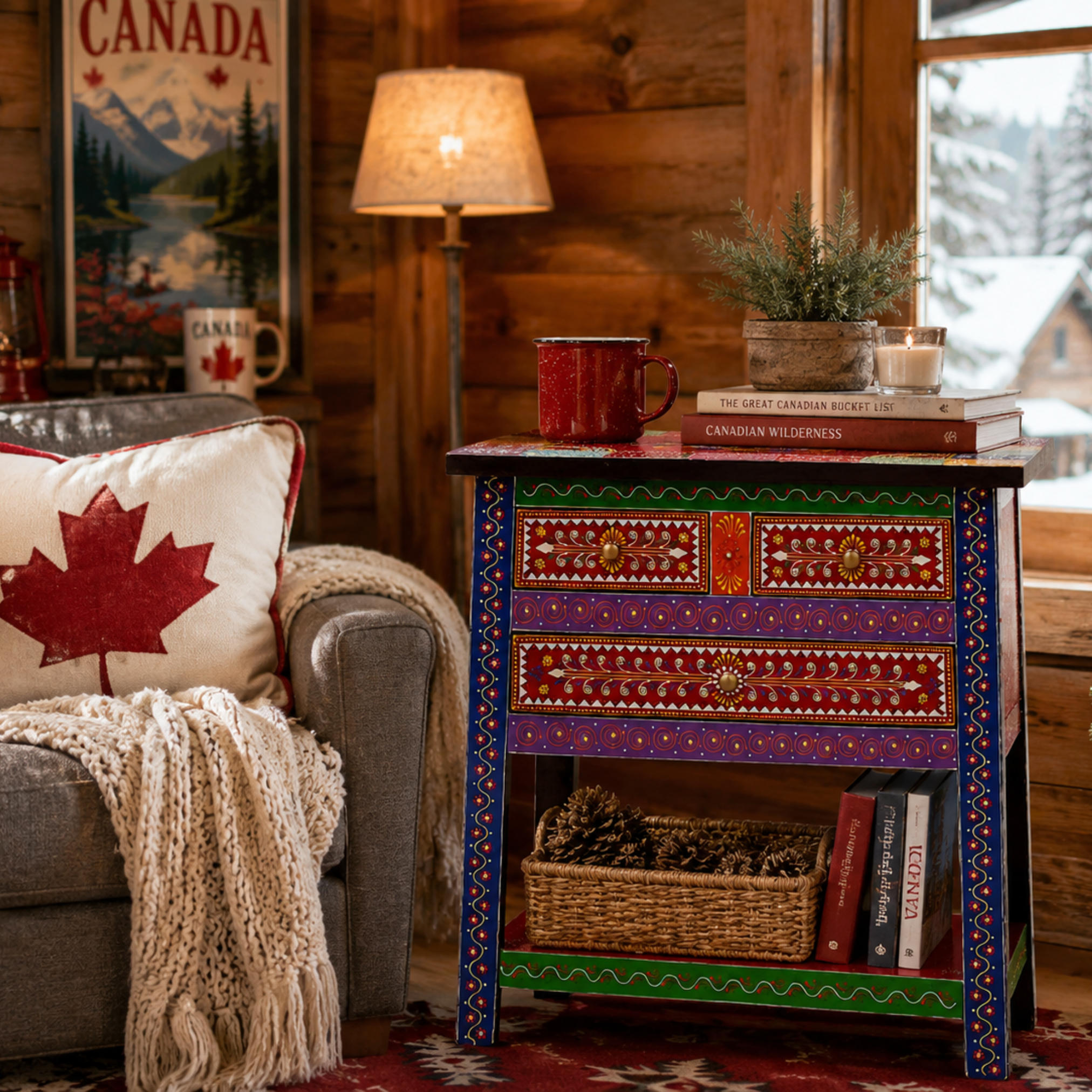 Rangriti handpainted wooden side table styled in a cozy rustic cabin living room with books, basket, candle, and decorative accessories.