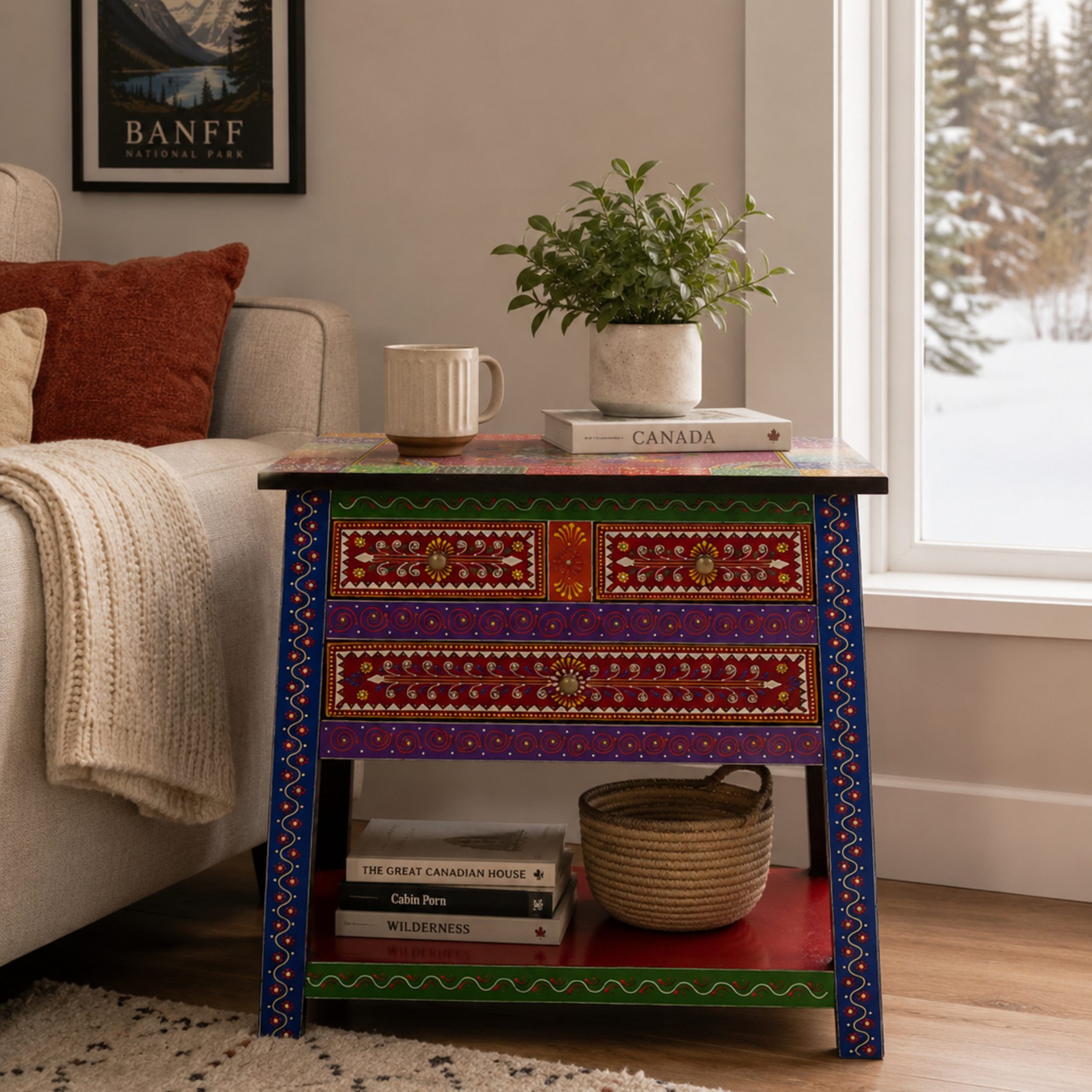 Rangriti handpainted wooden side table styled beside a sofa in a modern living room with decorative plant, books, and coffee mug.