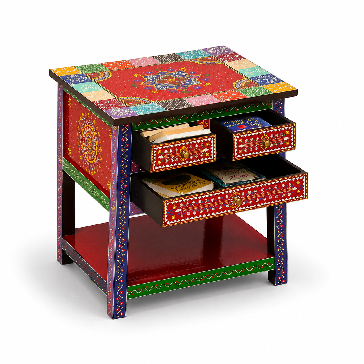 Rangriti handpainted wooden side table showing spacious drawers and open bottom shelf for organized bedroom or living room storage.