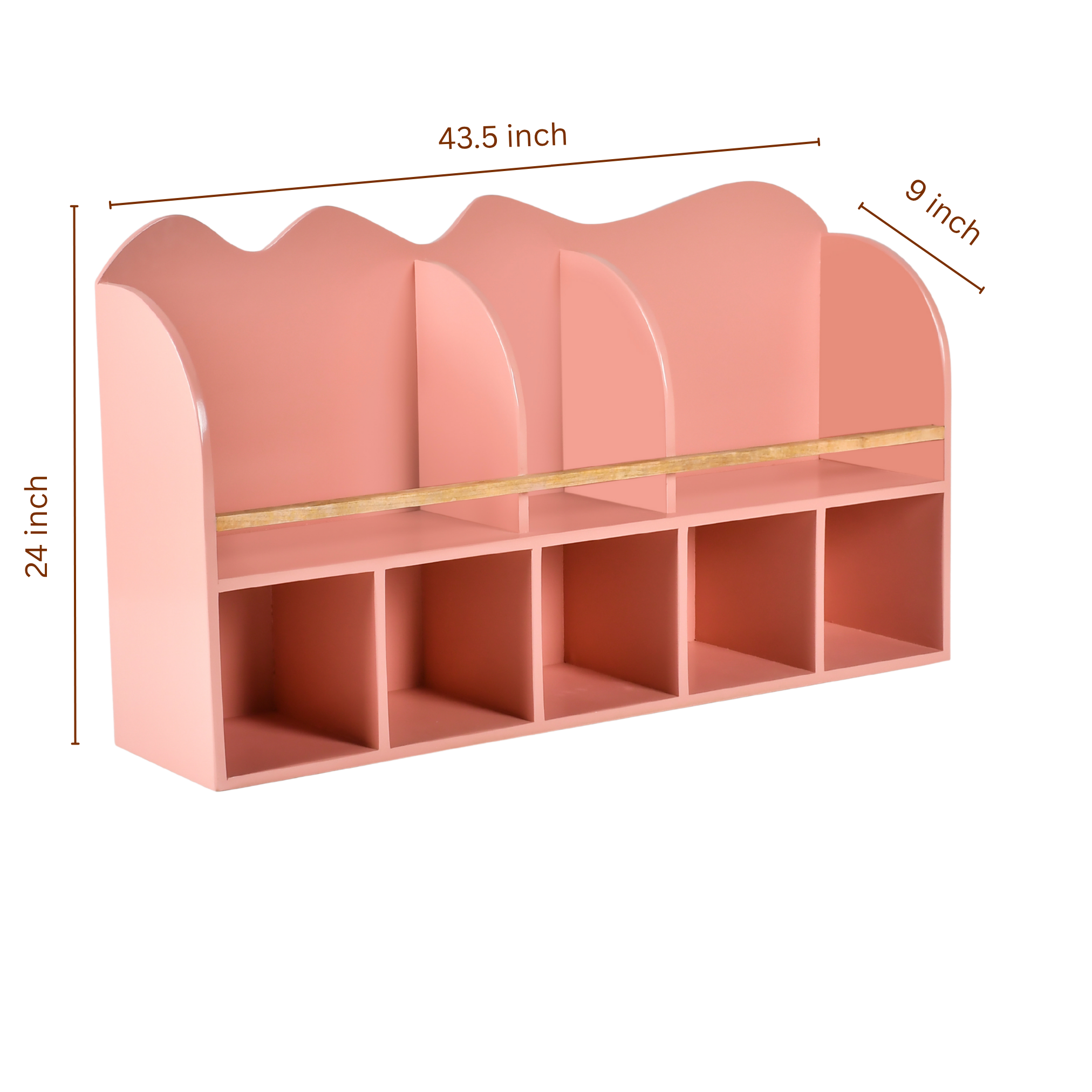 Ripple wooden kids wall shelf dimensions showing 43.5 inch width, 24 inch height, and 9 inch depth