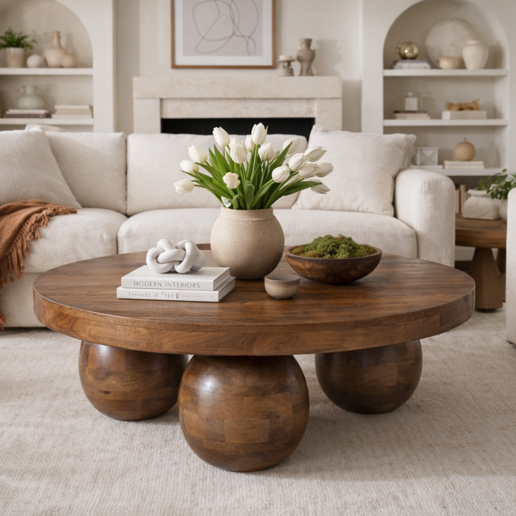 round mango wood coffee table styled in modern living room with sofa and decor