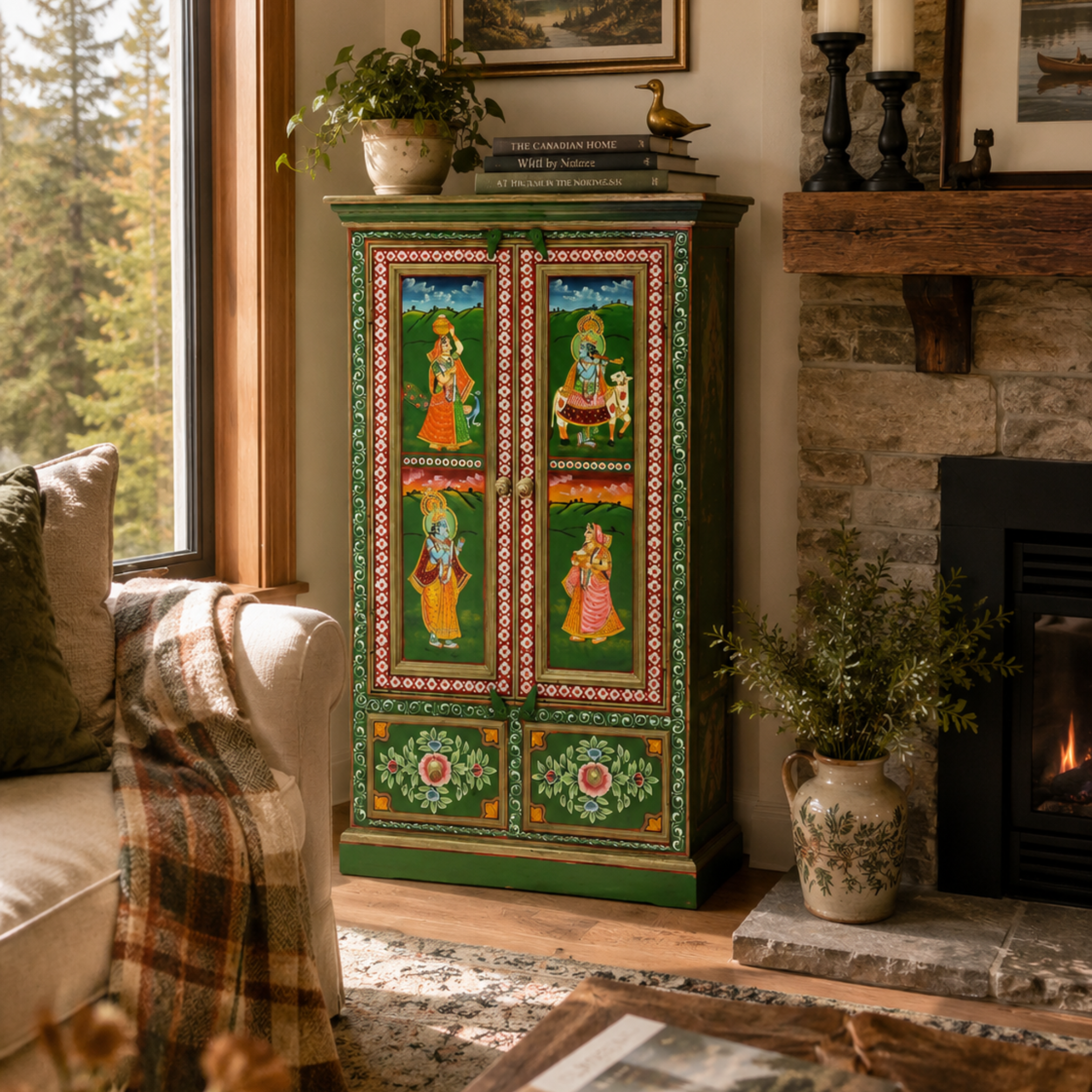 Royal Garden Artistic Multi Colour Storage Cabinet placed in a warm bedroom interior with natural wood furniture, showcasing hand-painted Indian folk art panels and elegant floral motifs.