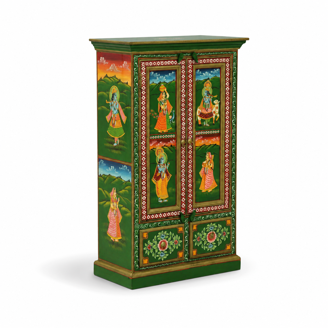 Side profile of Royal Garden Artistic Multi Colour Storage Cabinet displaying hand-painted heritage artwork with traditional Indian figures and scenic landscape motifs.