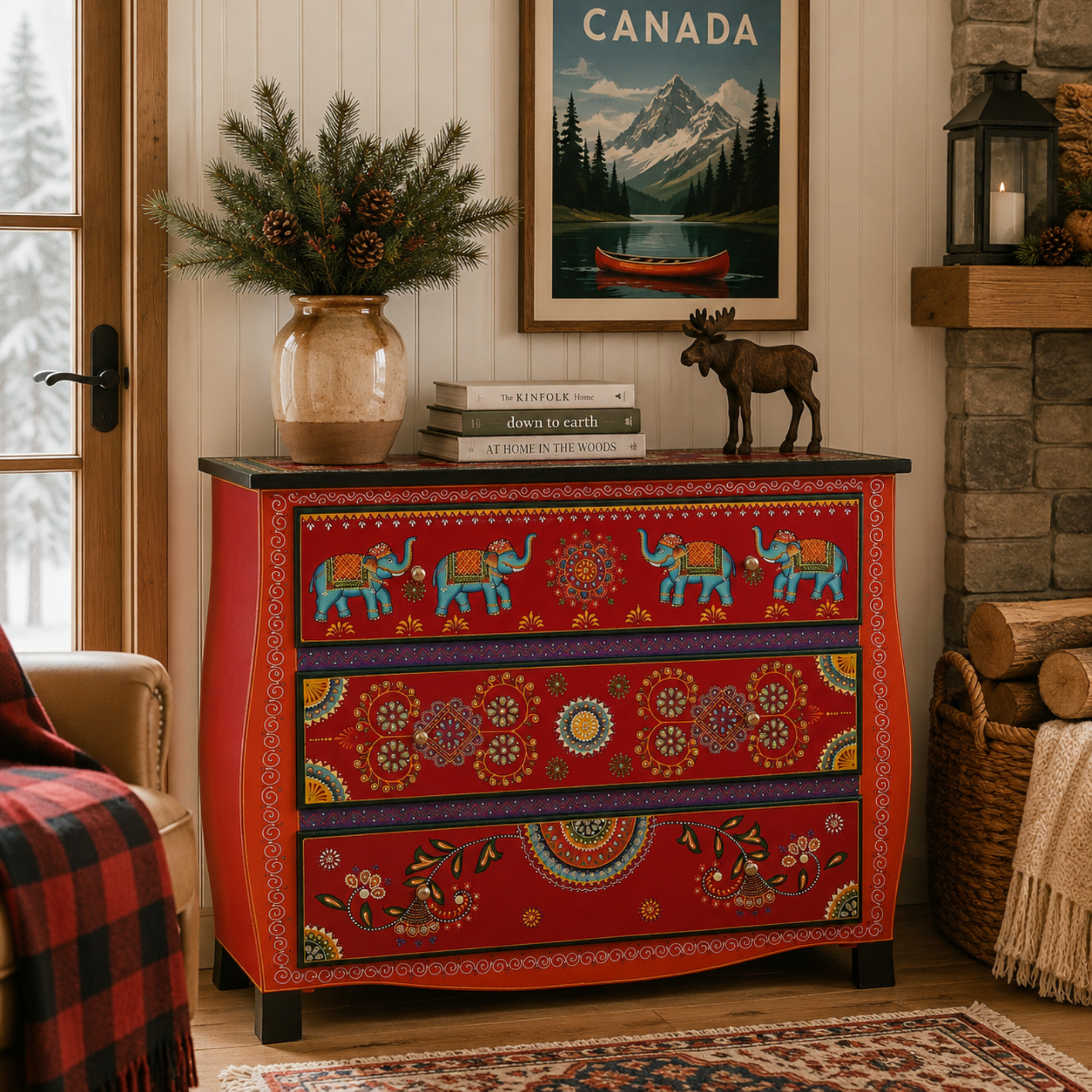 Royal Parade Chest hand-painted wooden chest displayed in a cozy bedroom setting