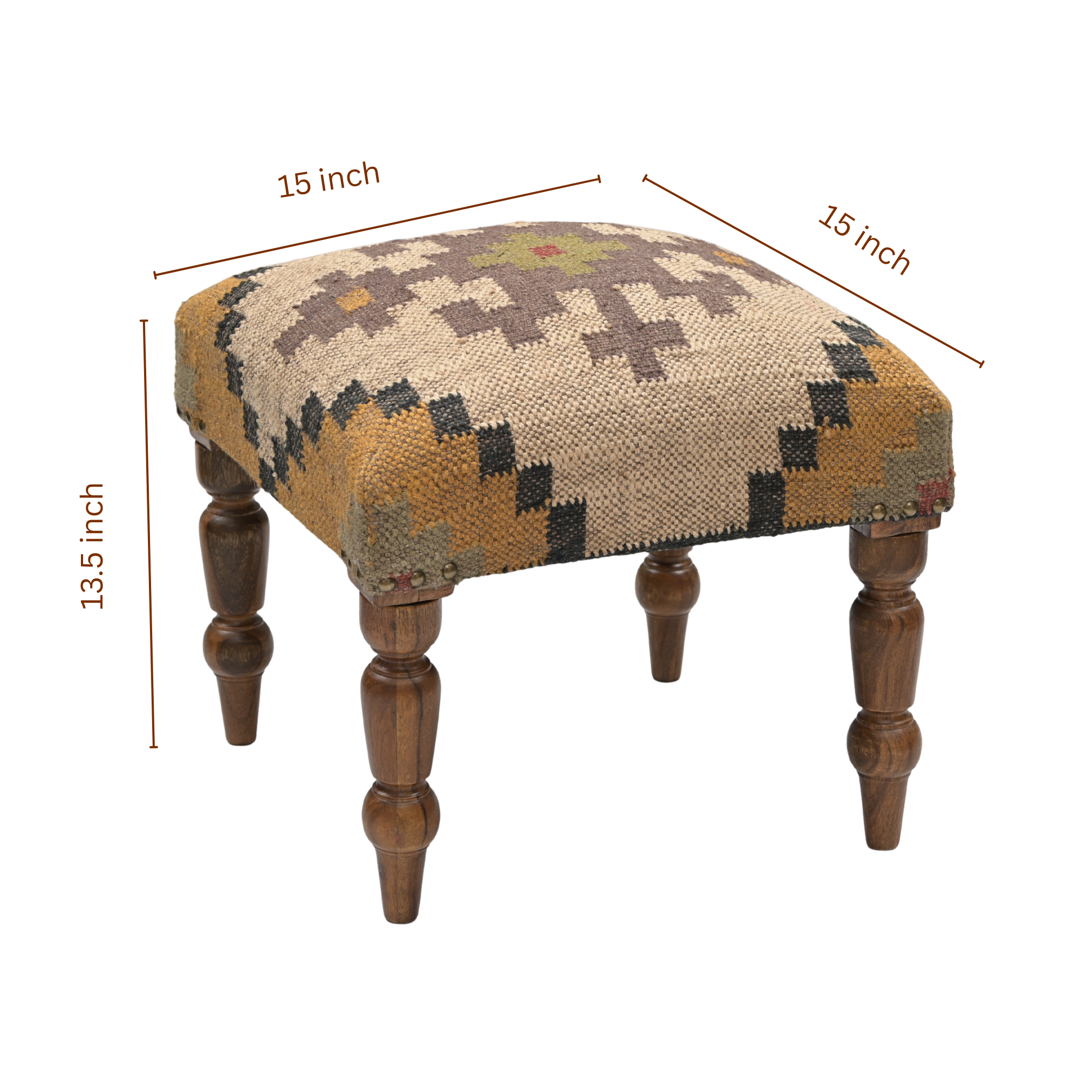 Dimension image of Sahara handcrafted kilim upholstered wooden stool measuring 15 inch width, 15 inch depth, and 13.5 inch height