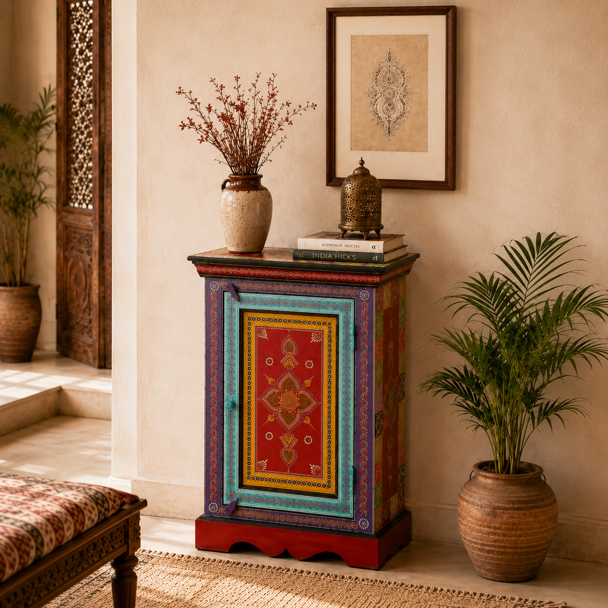 Scarlet Medallion Side Table styled in a warm bohemian entryway with decorative accessories and indoor plants.