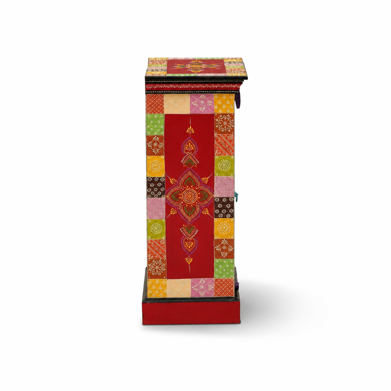 Side profile of Scarlet Medallion Side Table displaying colorful patchwork-inspired hand-painted patterns and artisan craftsmanship.