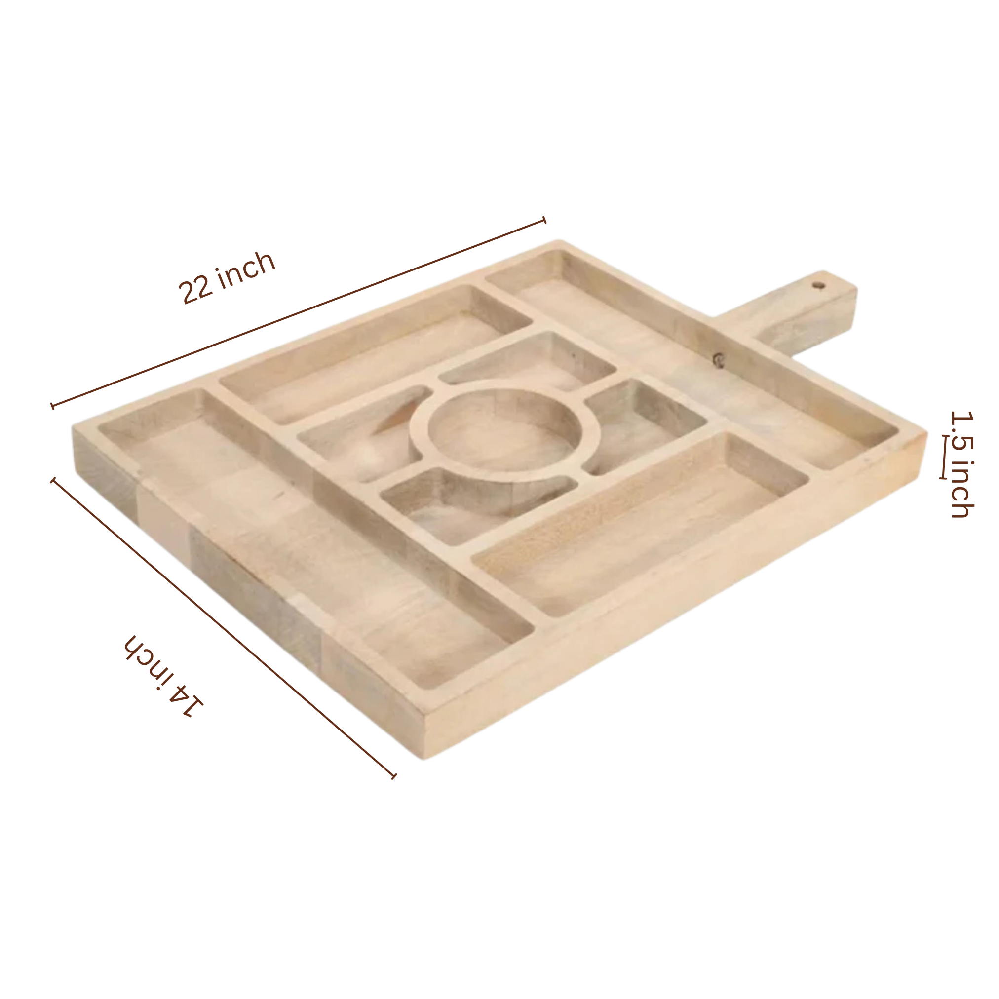 Sectional Serving Tray With Handle in mango wood featuring 9 compartments with product dimensions displayed