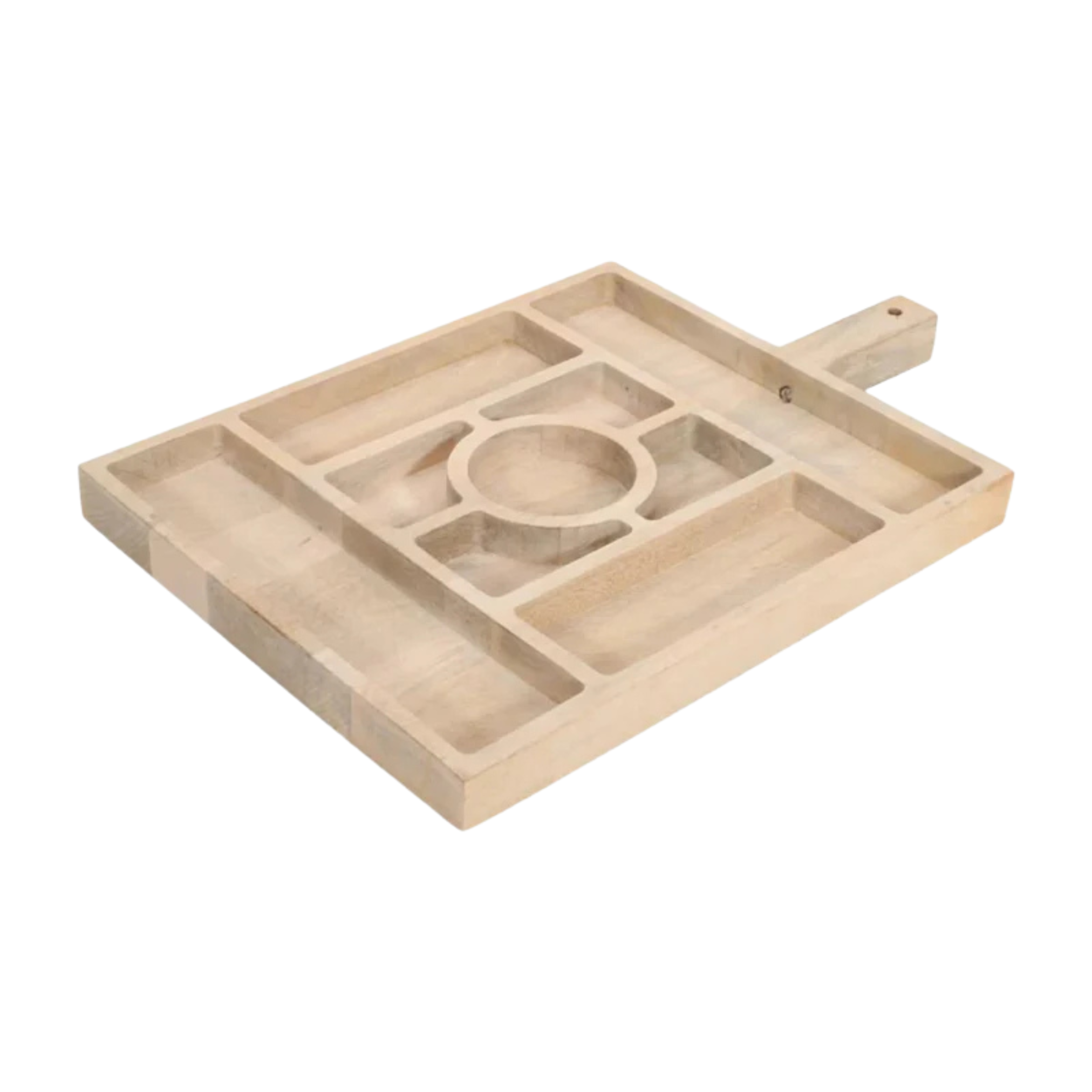 Angled view of Sectional Serving Tray With Handle made from handcrafted mango wood featuring 9 compartments
