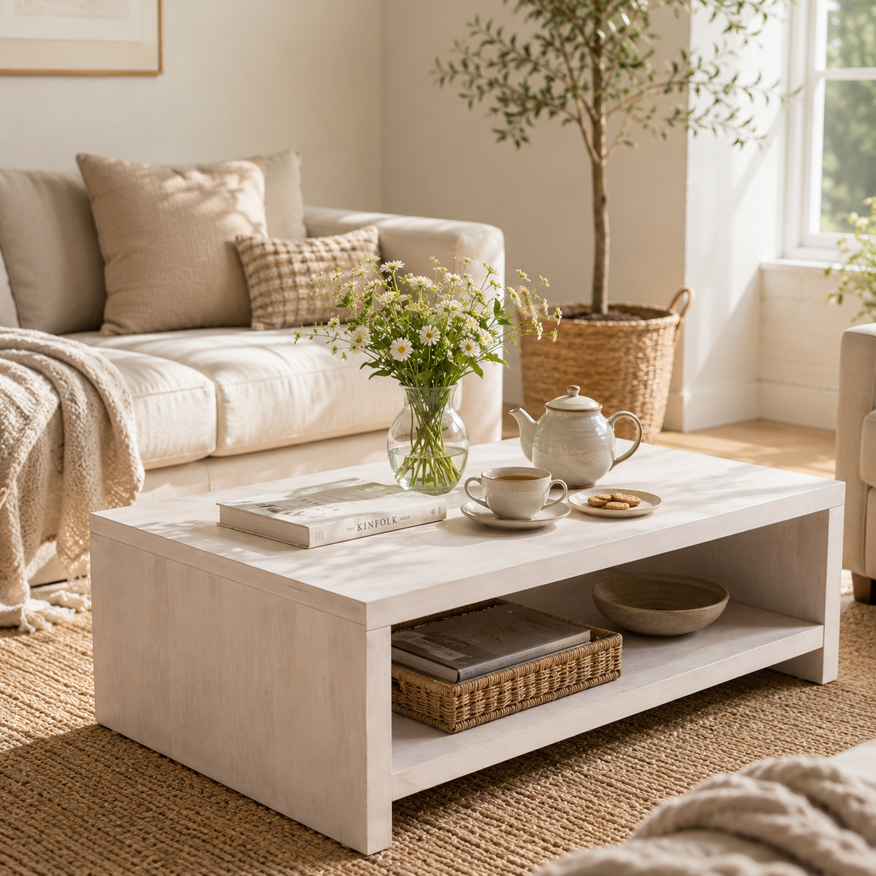 Serene Rectangular Mango Wood Coffee Table styled in a bright living room with floral arrangement, tea set, woven storage basket, and warm natural sunlight.
