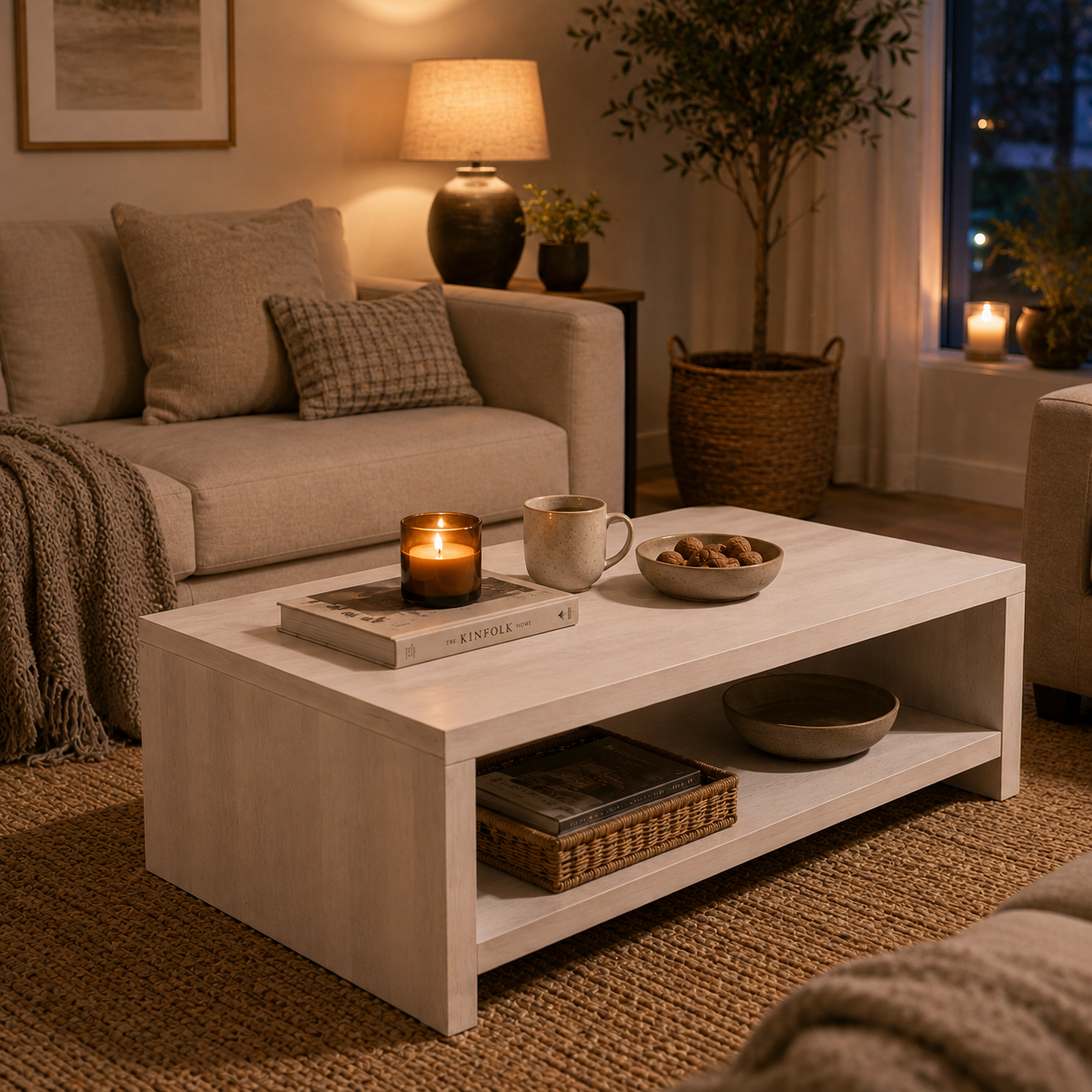 Serene Rectangular Mango Wood Coffee Table in a cozy modern living room with open shelf storage, candlelight ambiance, ceramic decor, and soft evening lighting