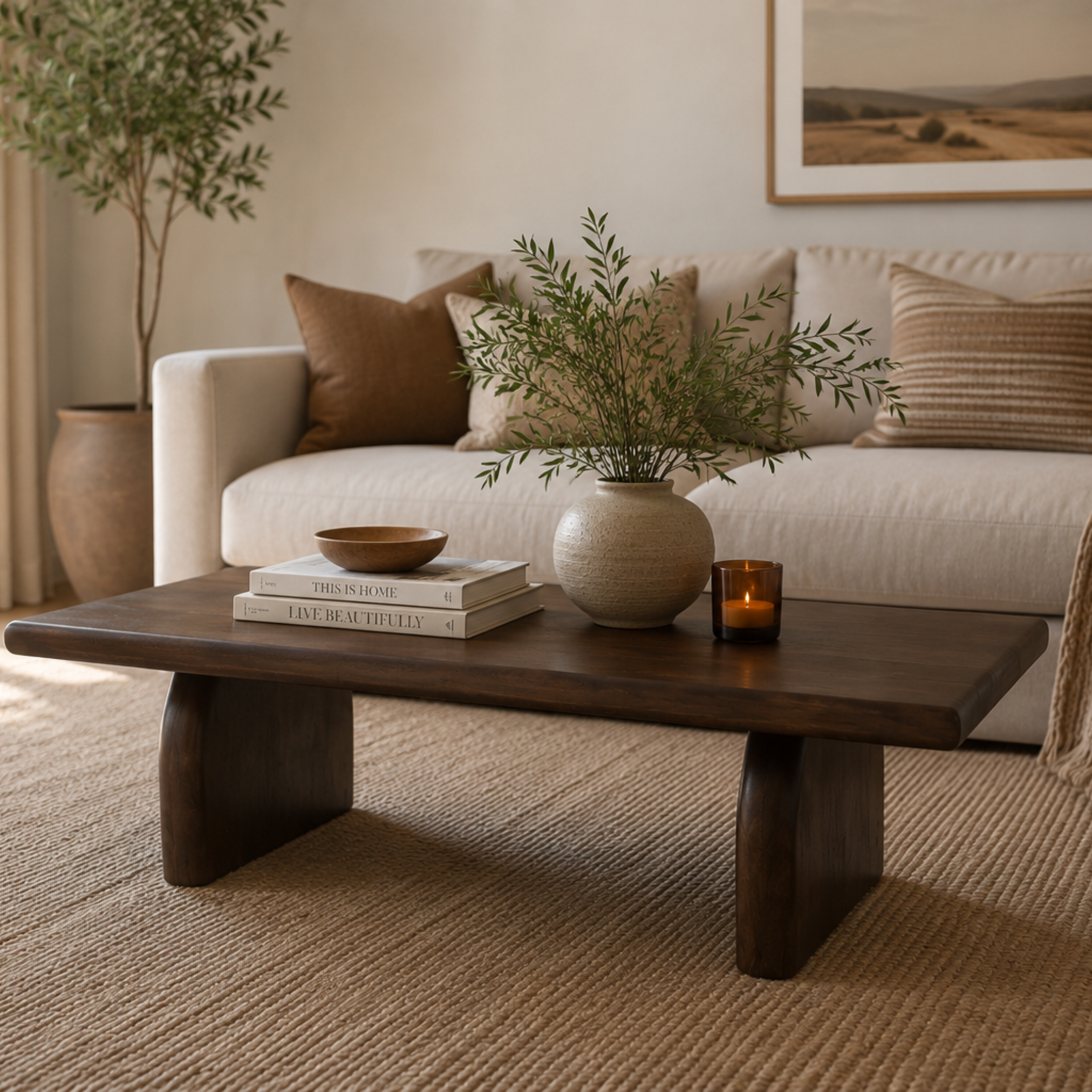 Sojourn Rectangular Coffee Table styled in a modern living room with neutral sofa, decor books, vase and candle