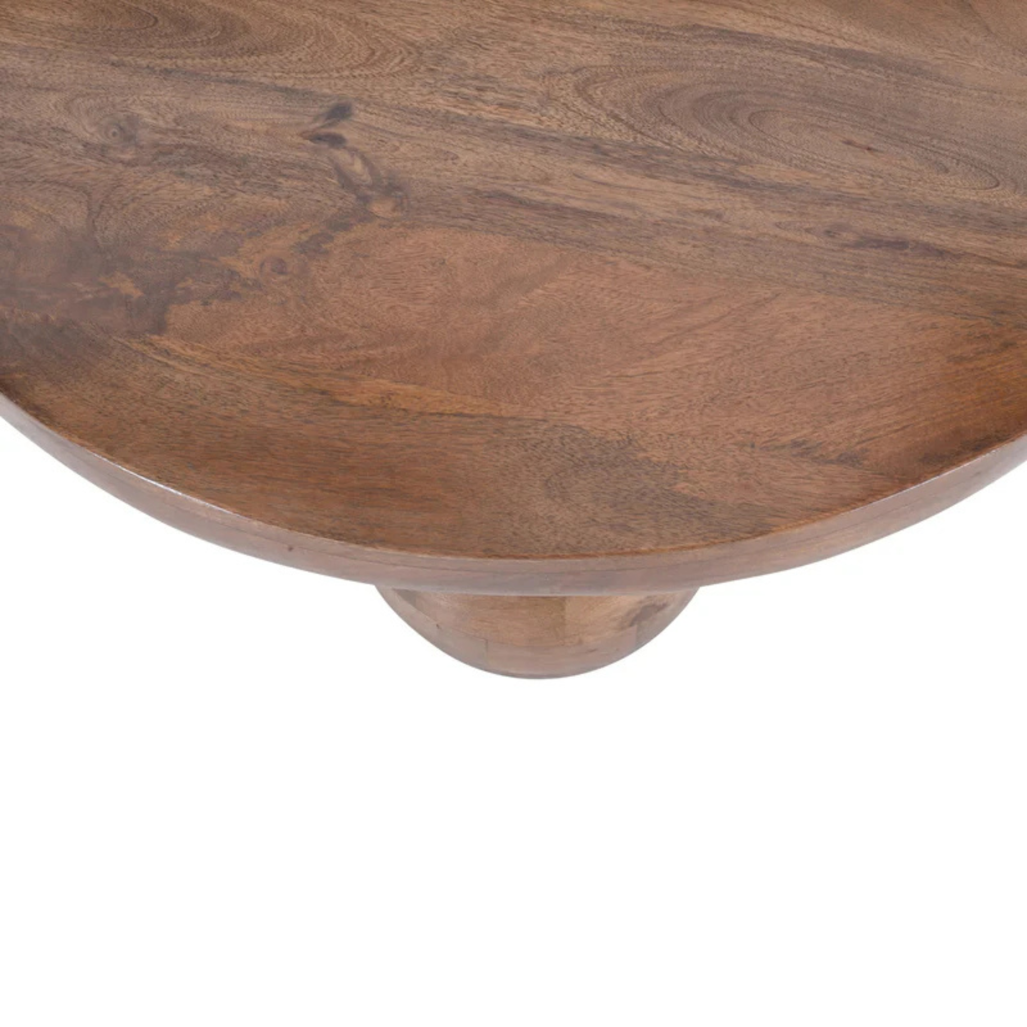 Close-up detail of Solstice Round Mango Wood Coffee Table highlighting handcrafted mango wood texture and smooth edge finish