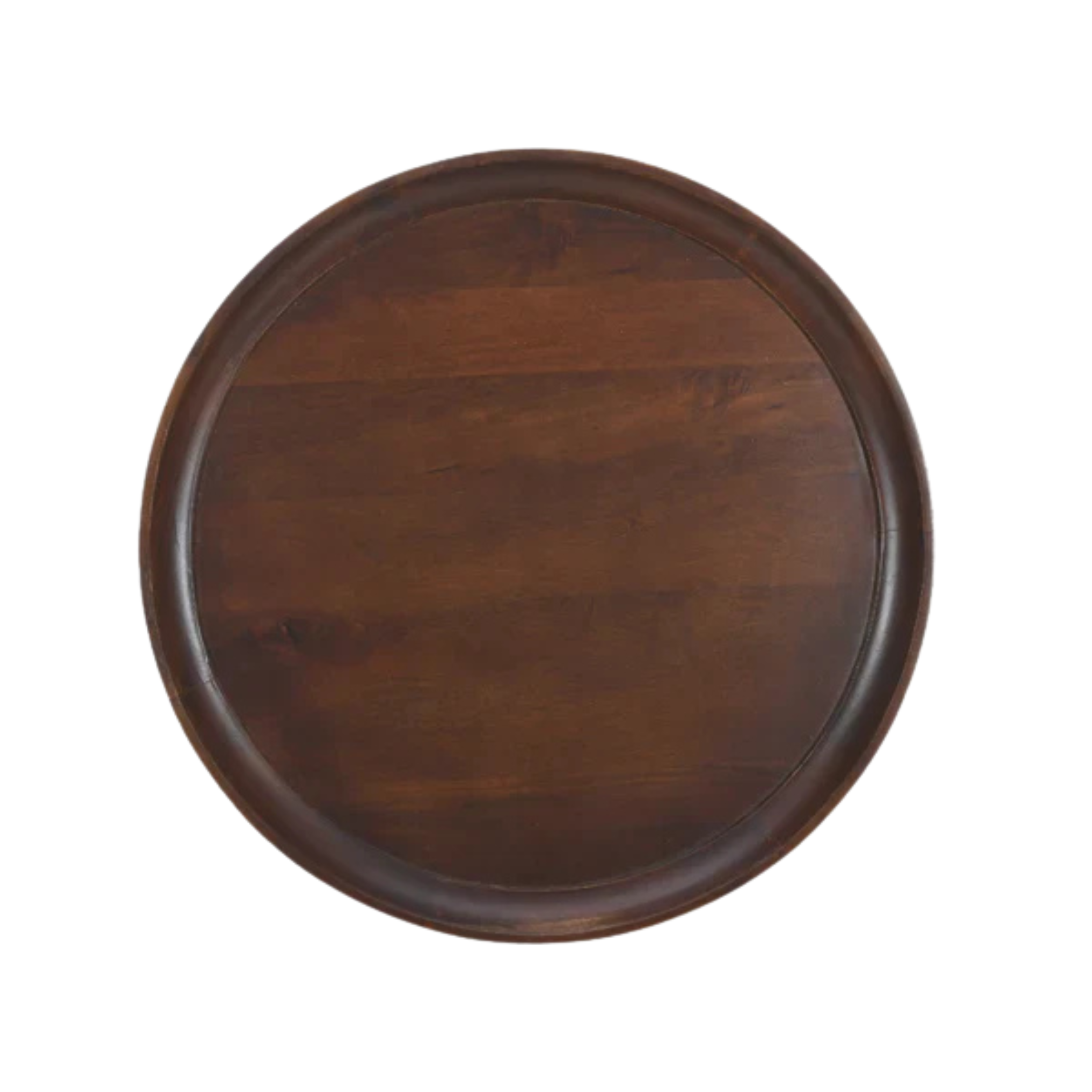 Top view of Stalwart Round Mango Wood Coffee Table featuring circular tray-style tabletop and rich mango wood finish