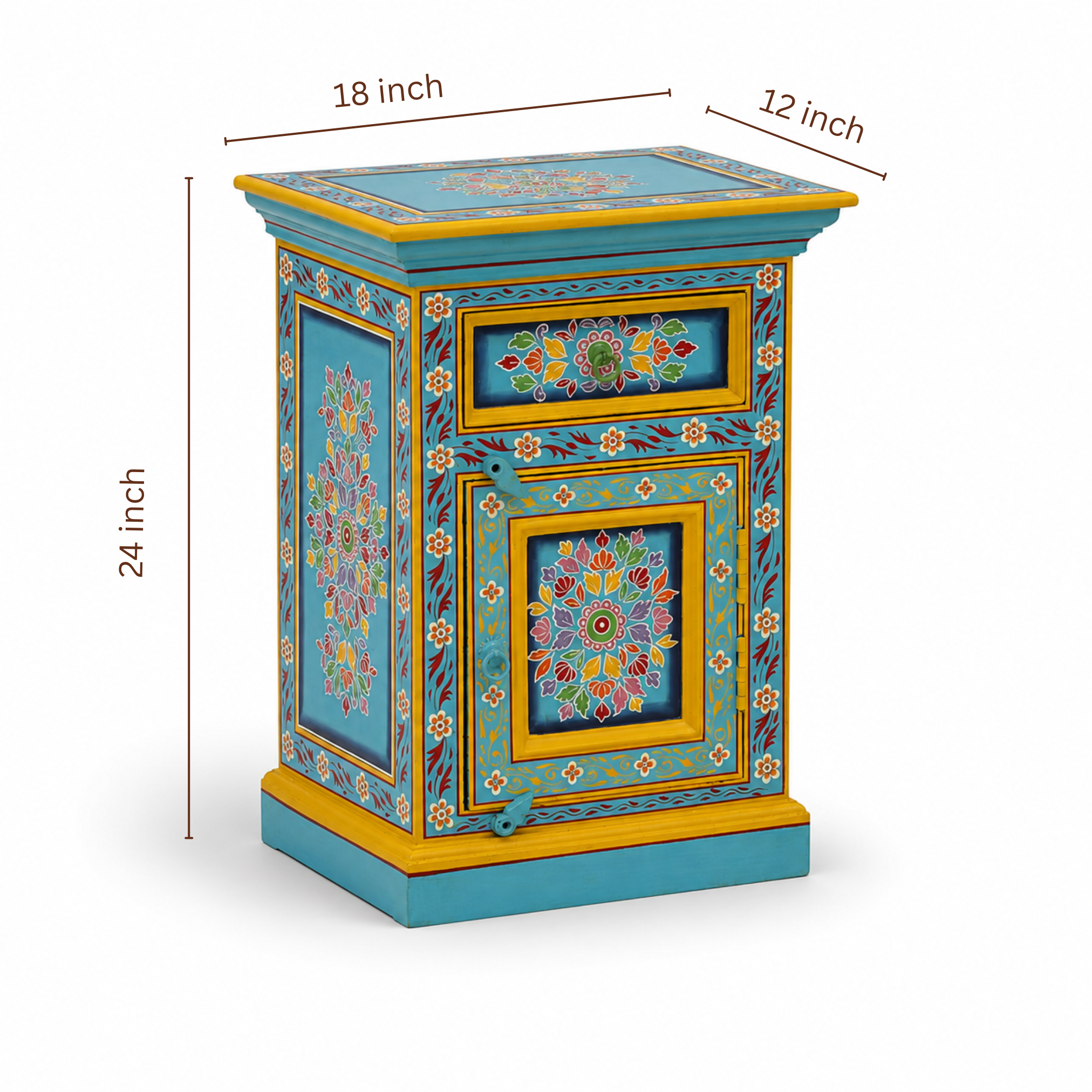 Sunlit Bloom Bedside Table dimensions showing 18-inch width, 12-inch depth, and 24-inch height.