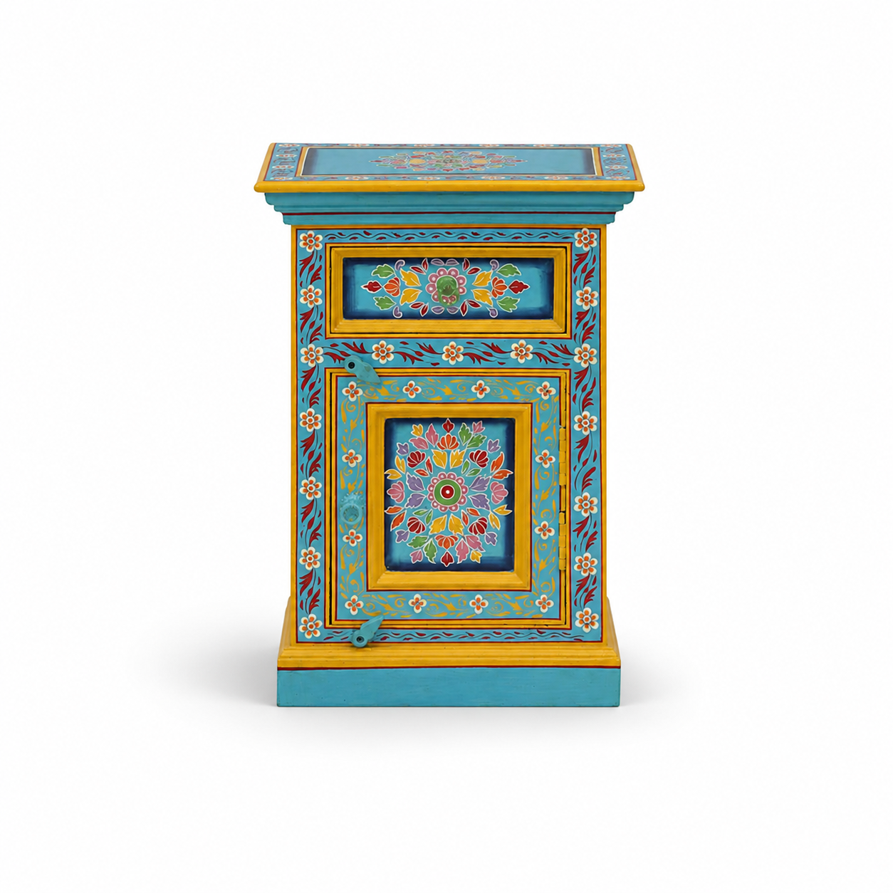 Front view of the Sunlit Bloom Bedside Table featuring colorful floral hand-painted artwork, drawer, and cabinet storage.