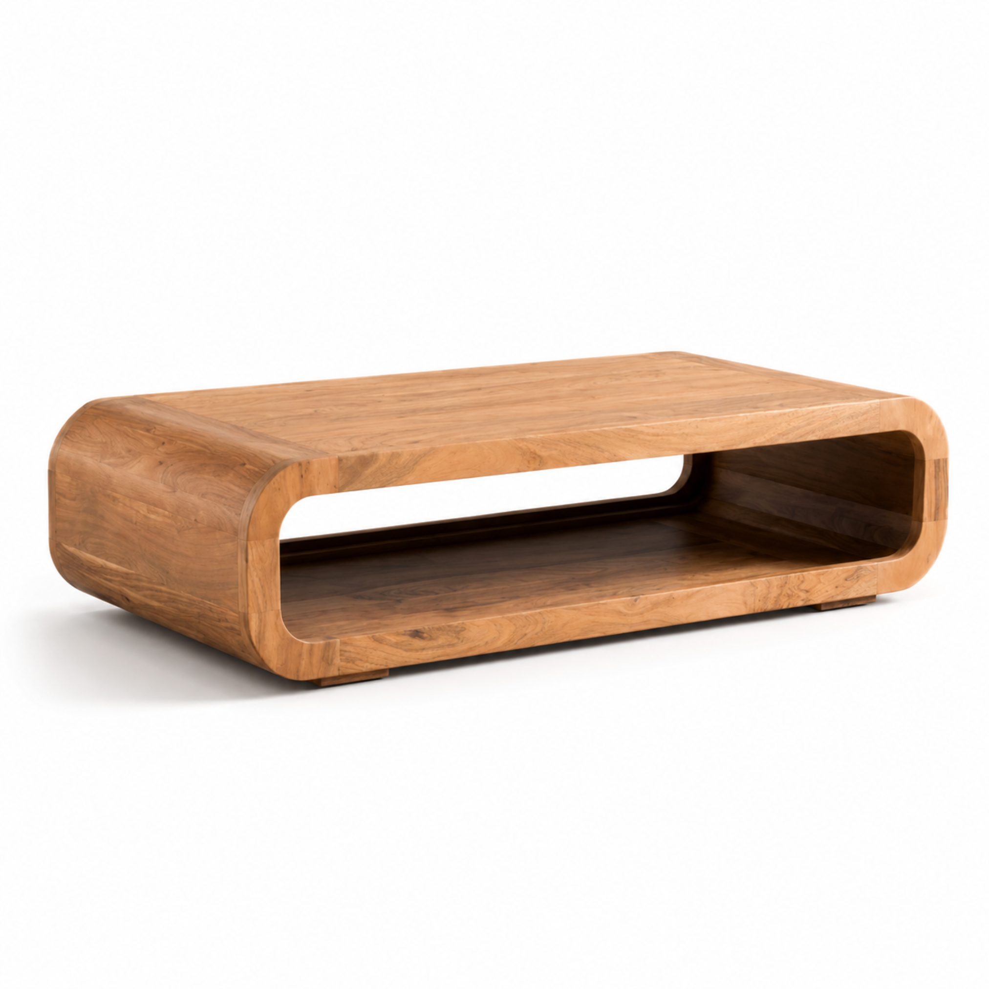 Tashan Rectangular Acacia Wood Coffee Table with curved edges, open shelf storage, and natural acacia wood finish