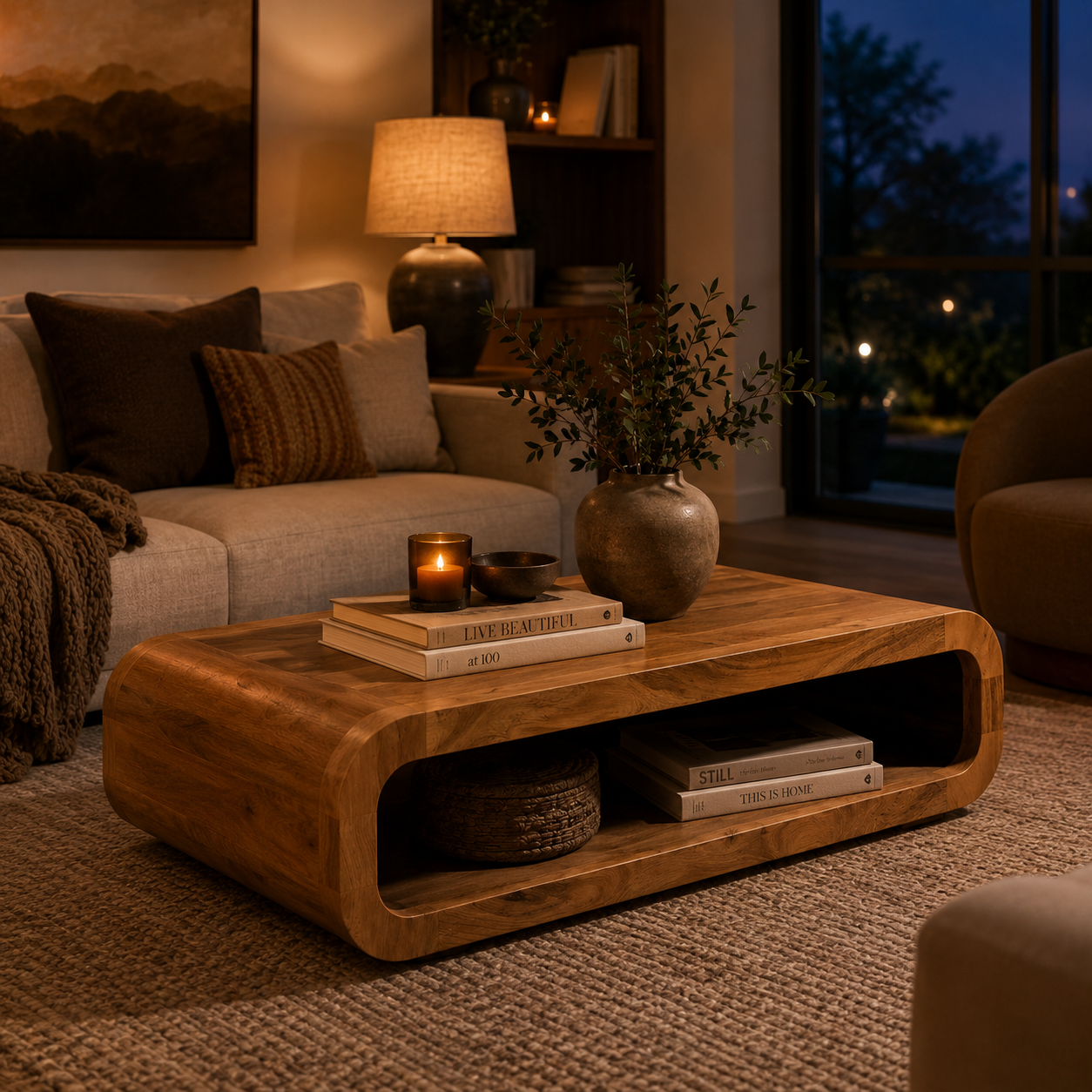 Tashan Rectangular Acacia Wood Coffee Table styled in a cozy evening living room with ambient lighting, decorative books, candle accents, and rich acacia wood grain finish.