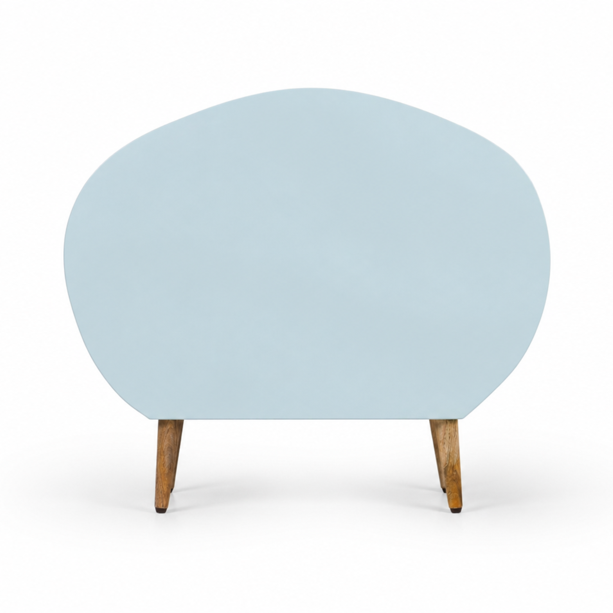 Back view of truffle wooden kids bookshelf showing smooth curved structure and minimal design