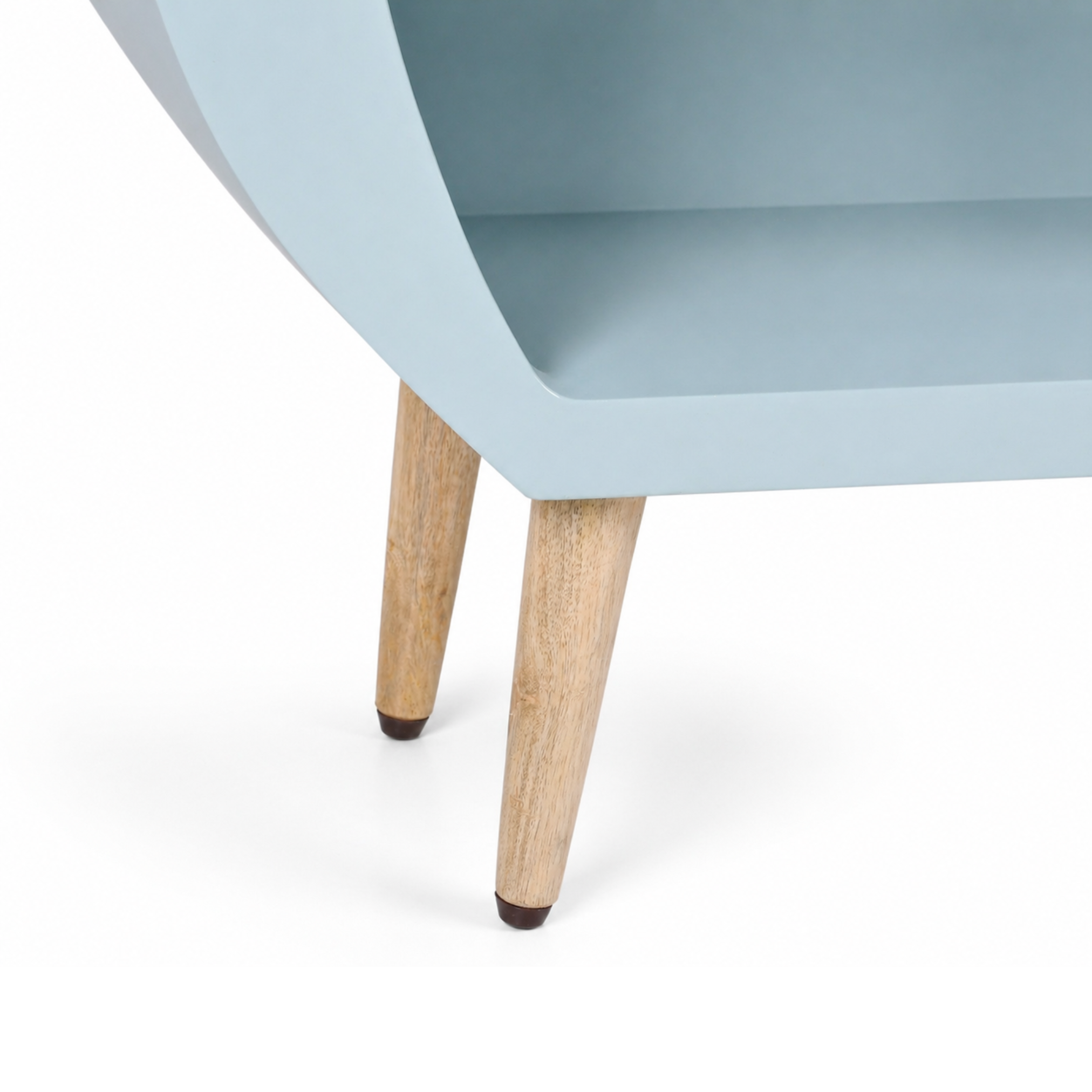 Close-up of solid wooden legs of truffle kids bookshelf with natural wood grain finish