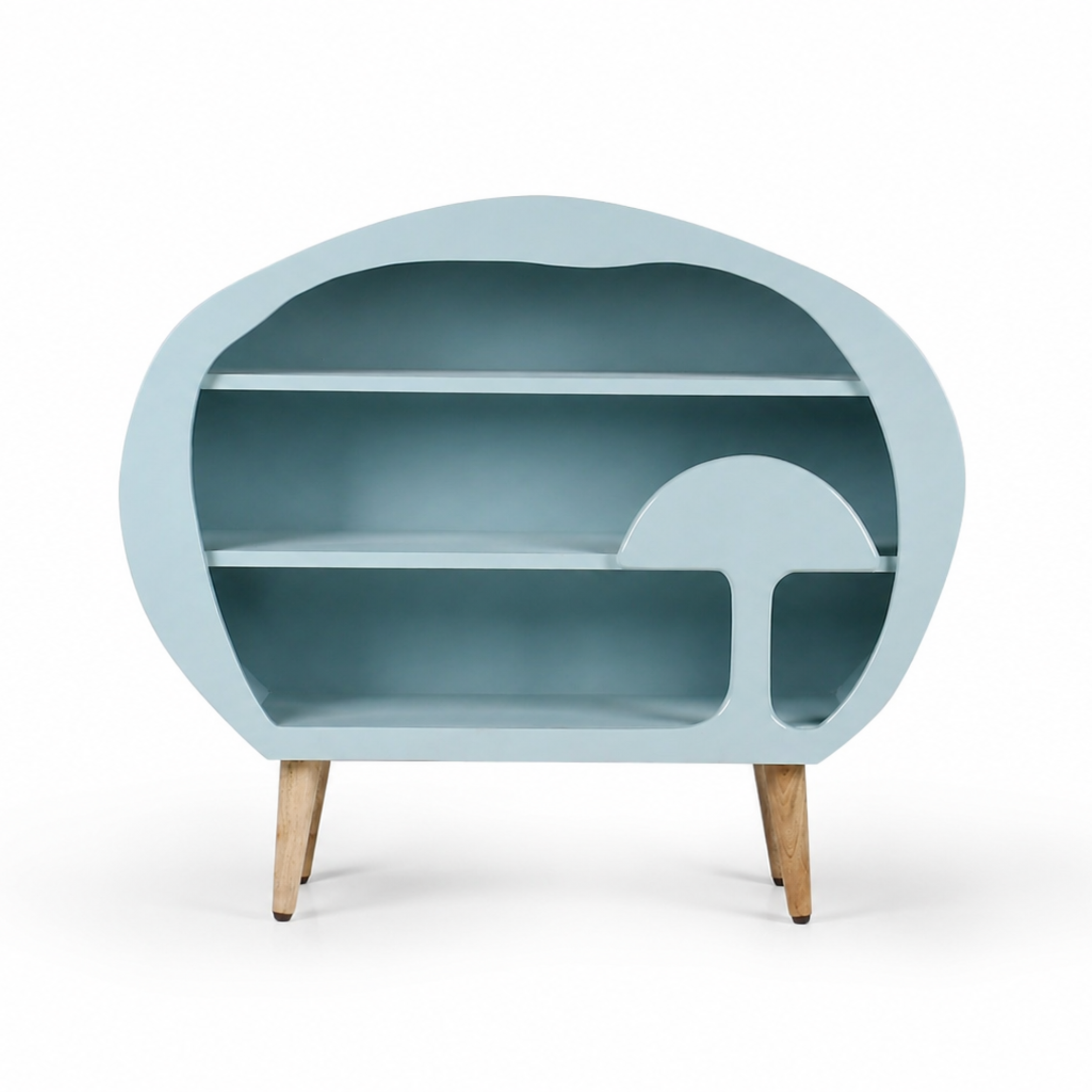Front view of truffle wooden kids bookshelf with curved design and open shelves
