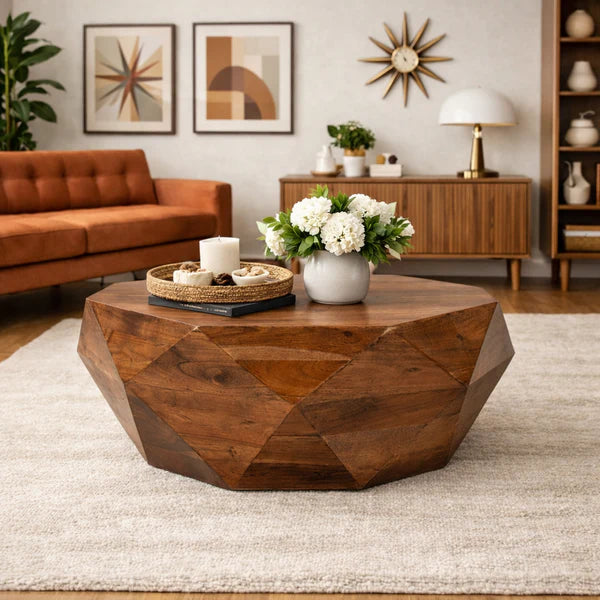 wooden diamond design center table styled as focal point in living room