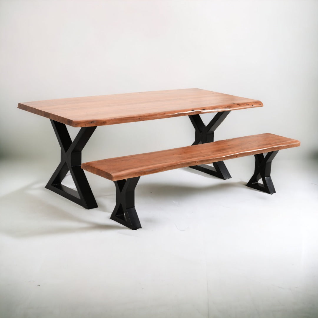 Live Edge Acacia Dining table | 5.5 cm Thickness | X Metal Legs | Natural Brown Color