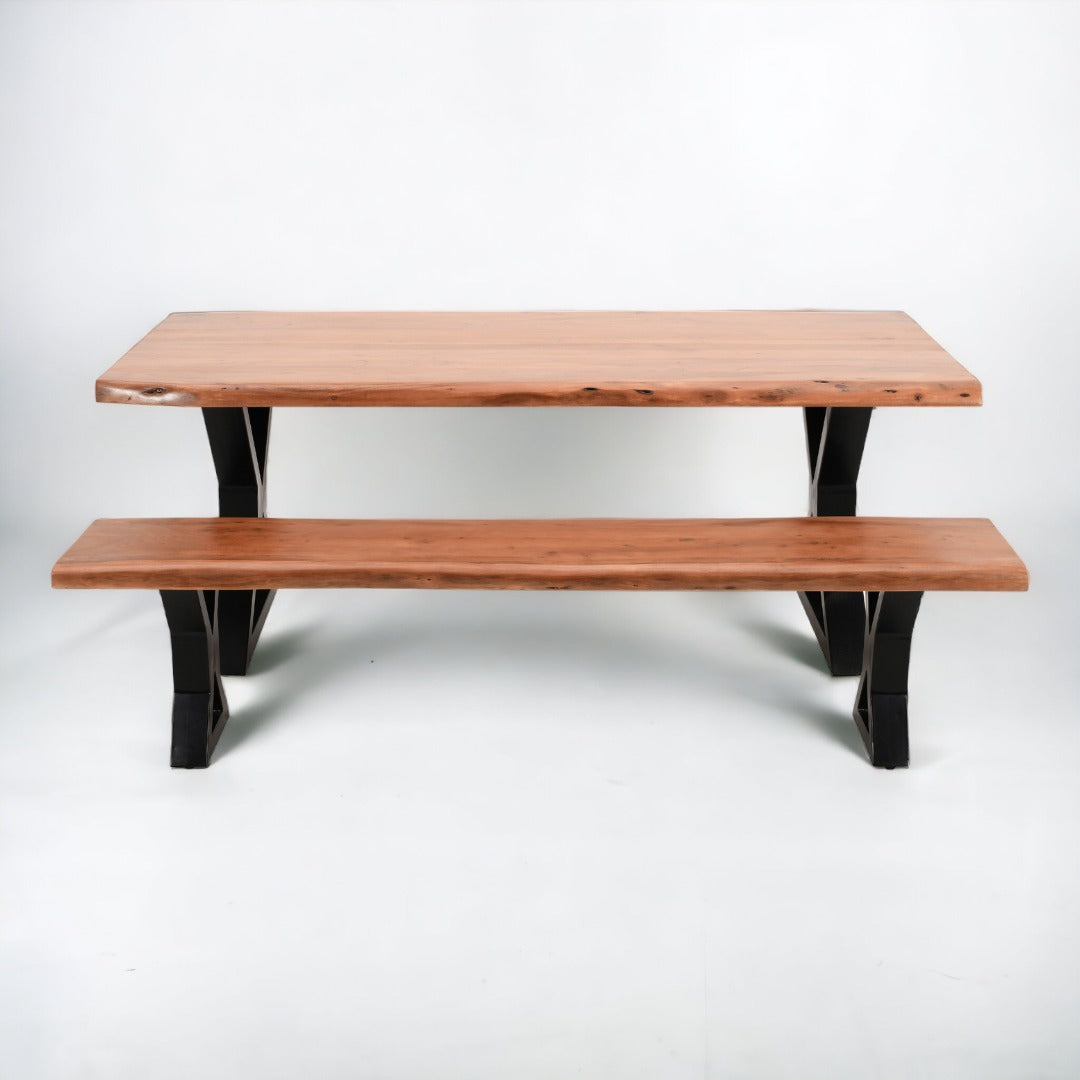 Live Edge Acacia Dining table | 5.5 cm Thickness | X Metal Legs | Natural Brown Color