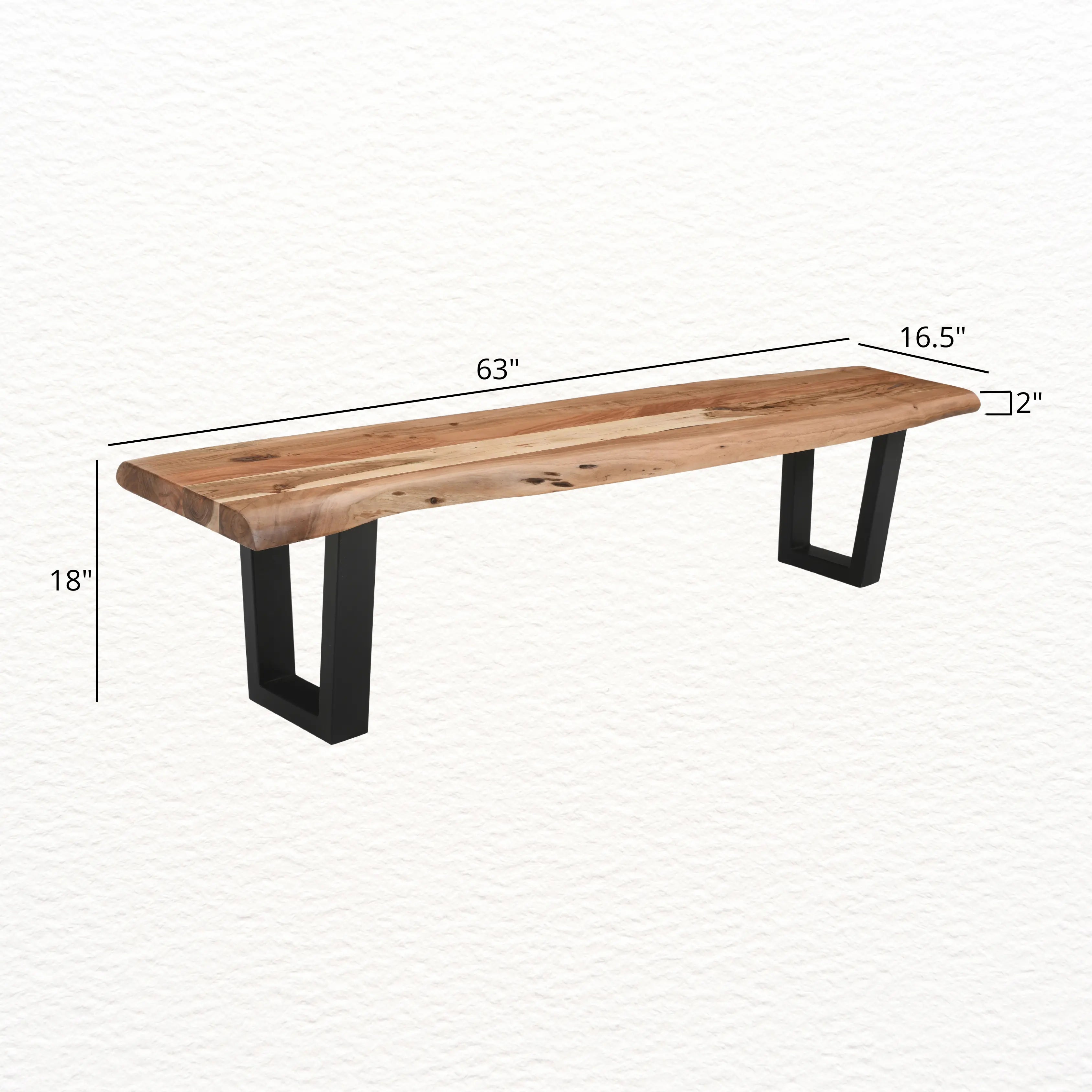 Live Edge Acacia Wood Handcrafted Bench with Metal Legs 