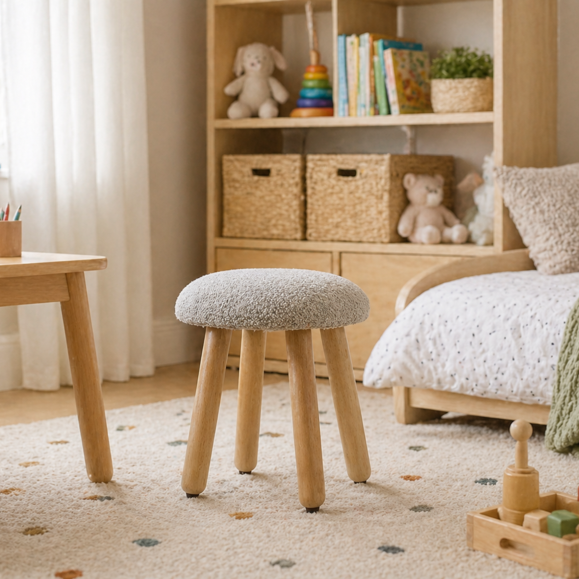 Dot Upholstered Wooden Stool – Olive Green