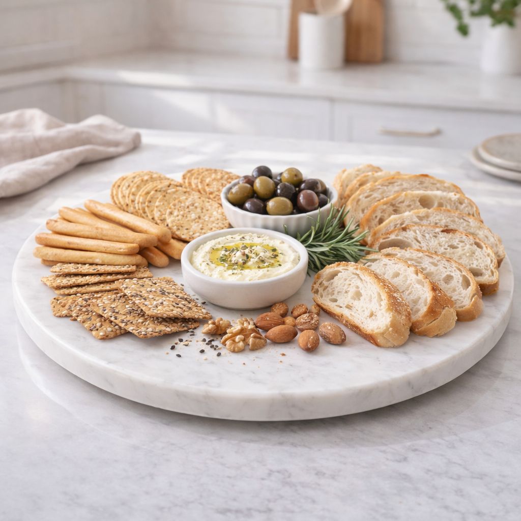 round natural marble rotating tray close up