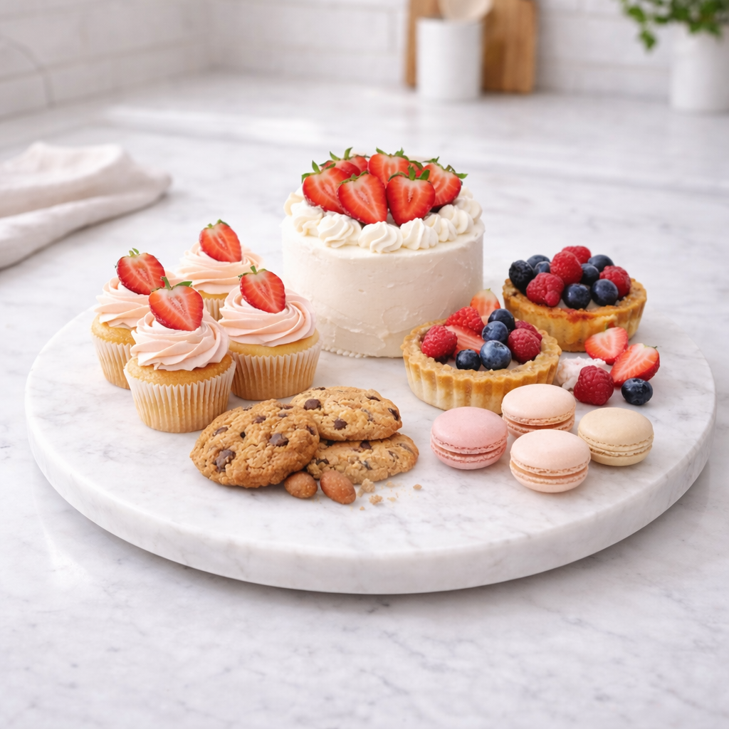 natural marble lazy susan tray used for desserts and coffee