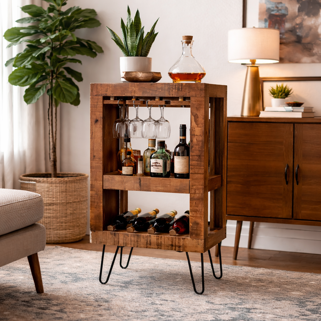 Wooden bar cart with wine bottles and glasses in a living room setting