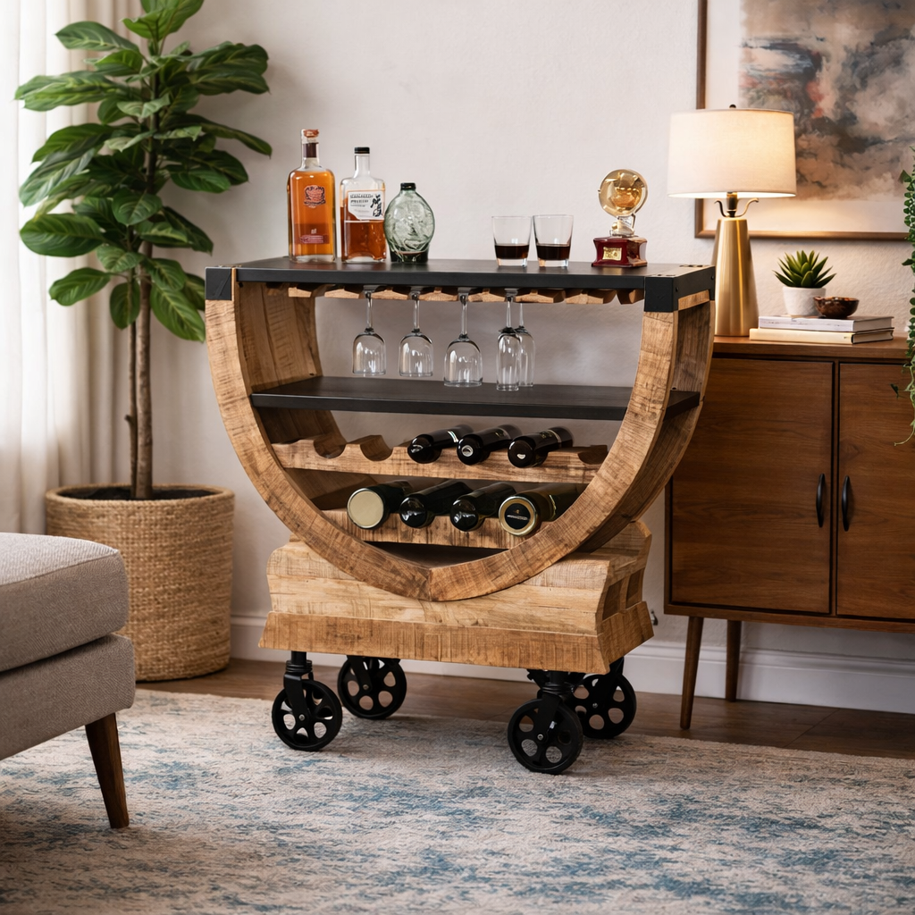 Bar Cart | Mango Wood | Metal Wheels | Handcrafted