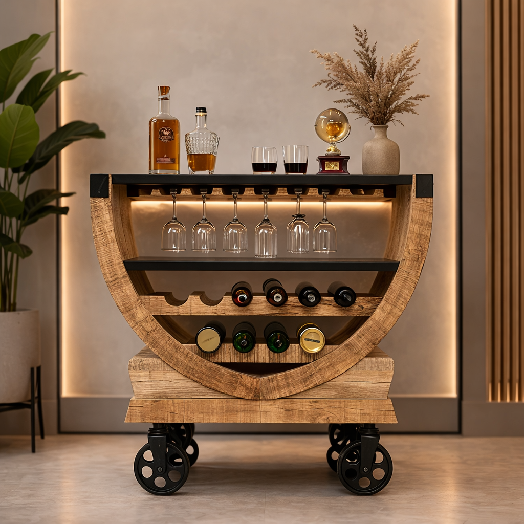 Bar Cart | Mango Wood | Metal Wheels | Handcrafted