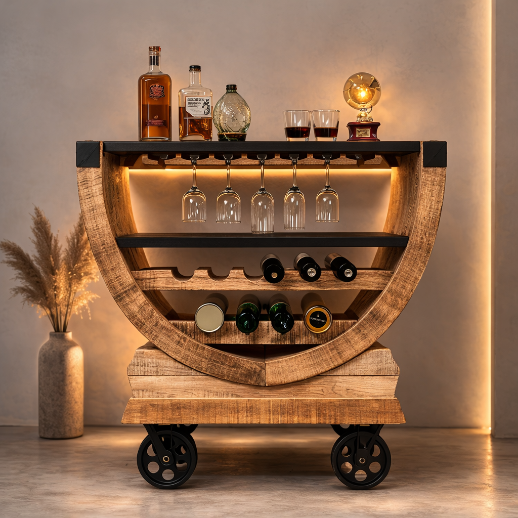 Bar Cart | Mango Wood | Metal Wheels | Handcrafted