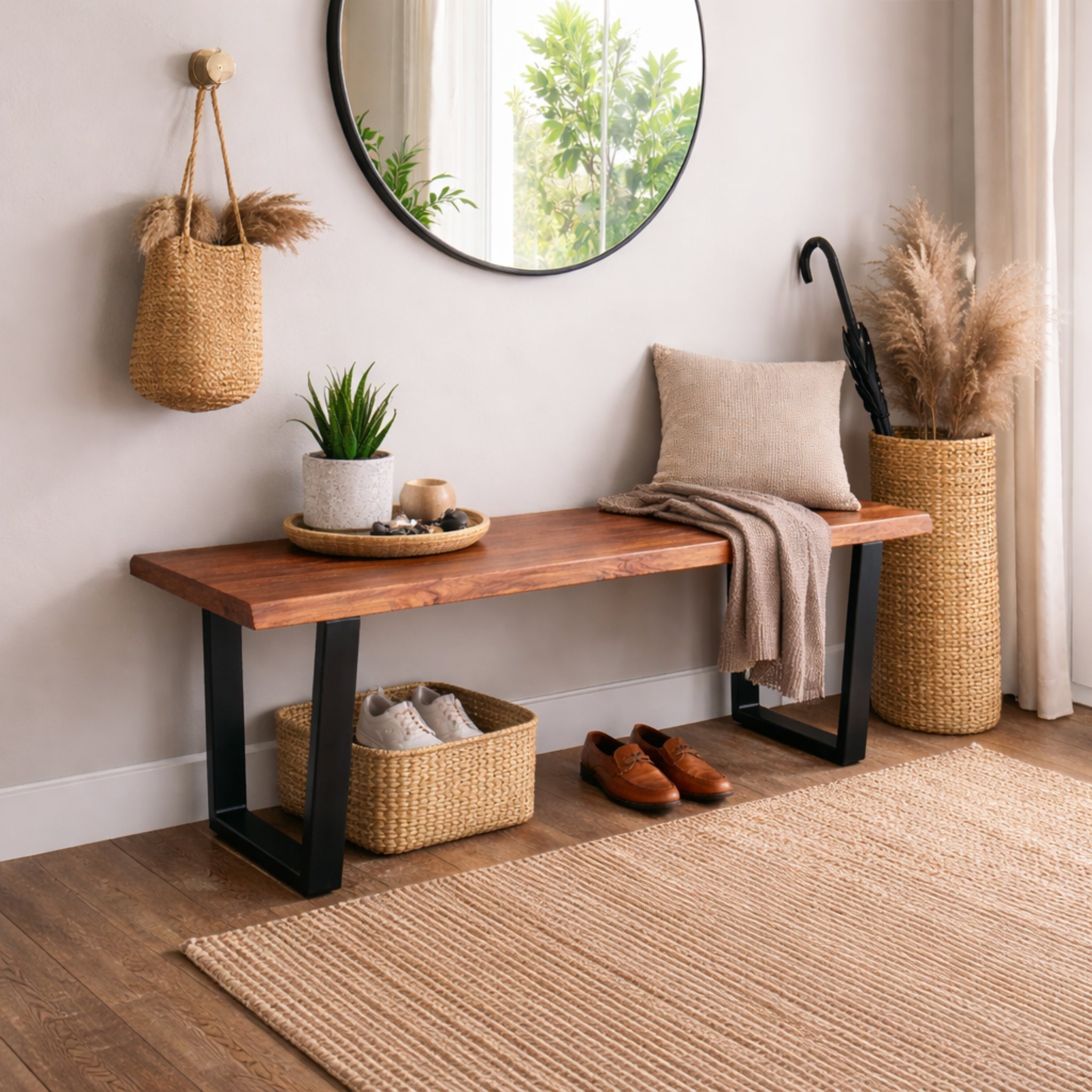 Bench | Live Edge | Acacia Wood | U Metal Legs | Natural Brown Color