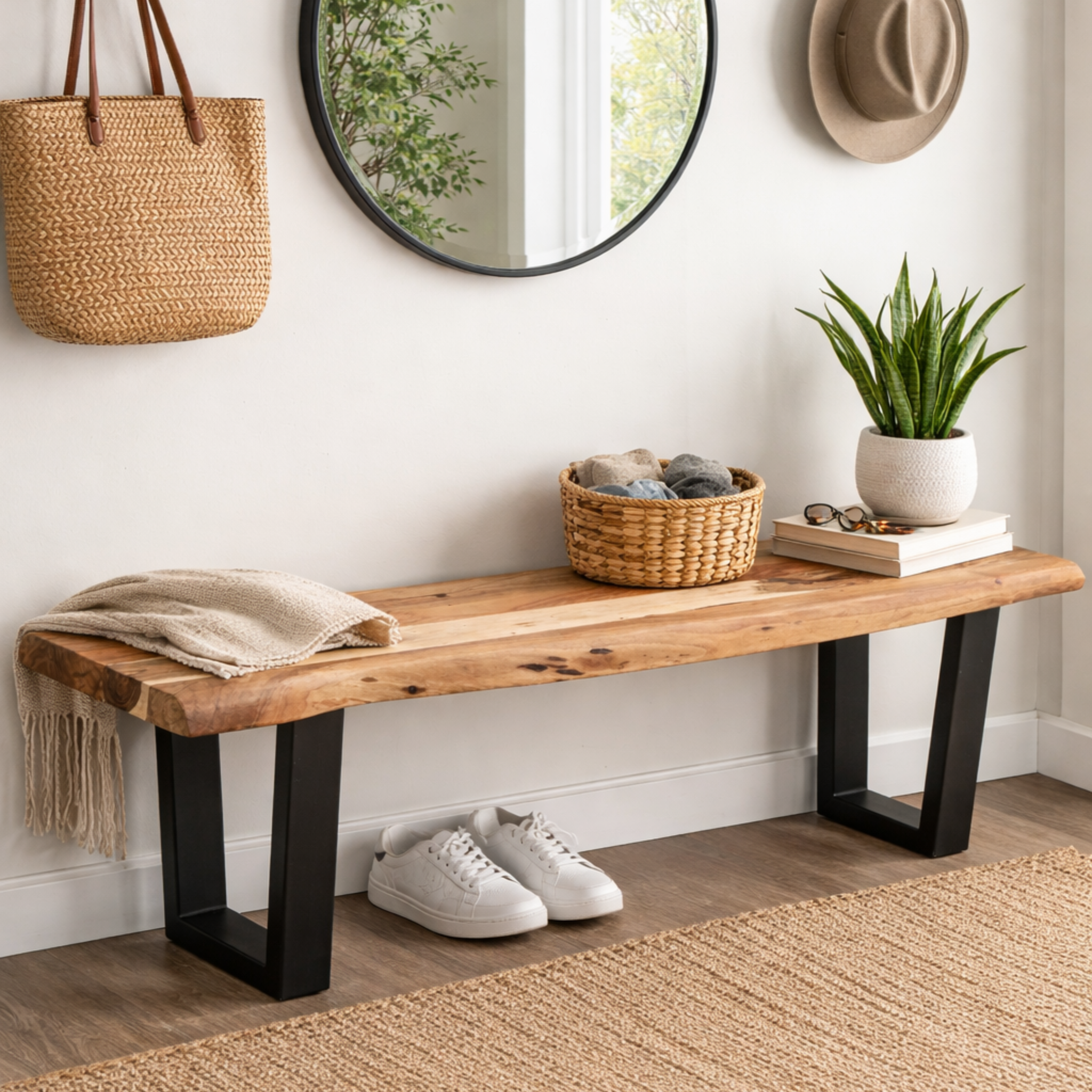 Bench |Live Edge | Acacia Wood | U Metal Legs | Light Brown Color