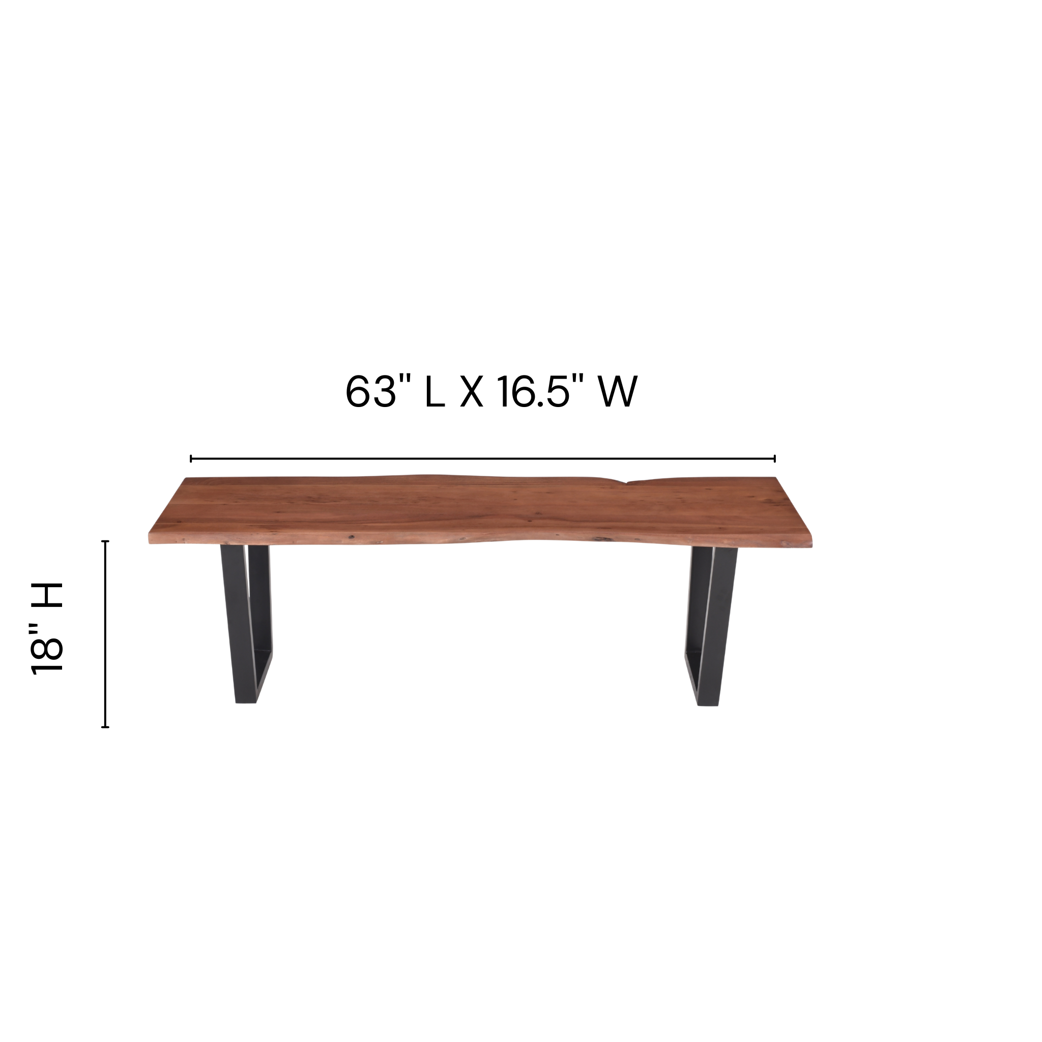 live edge acacia wood bench dimensions with U metal legs natural brown color size detail