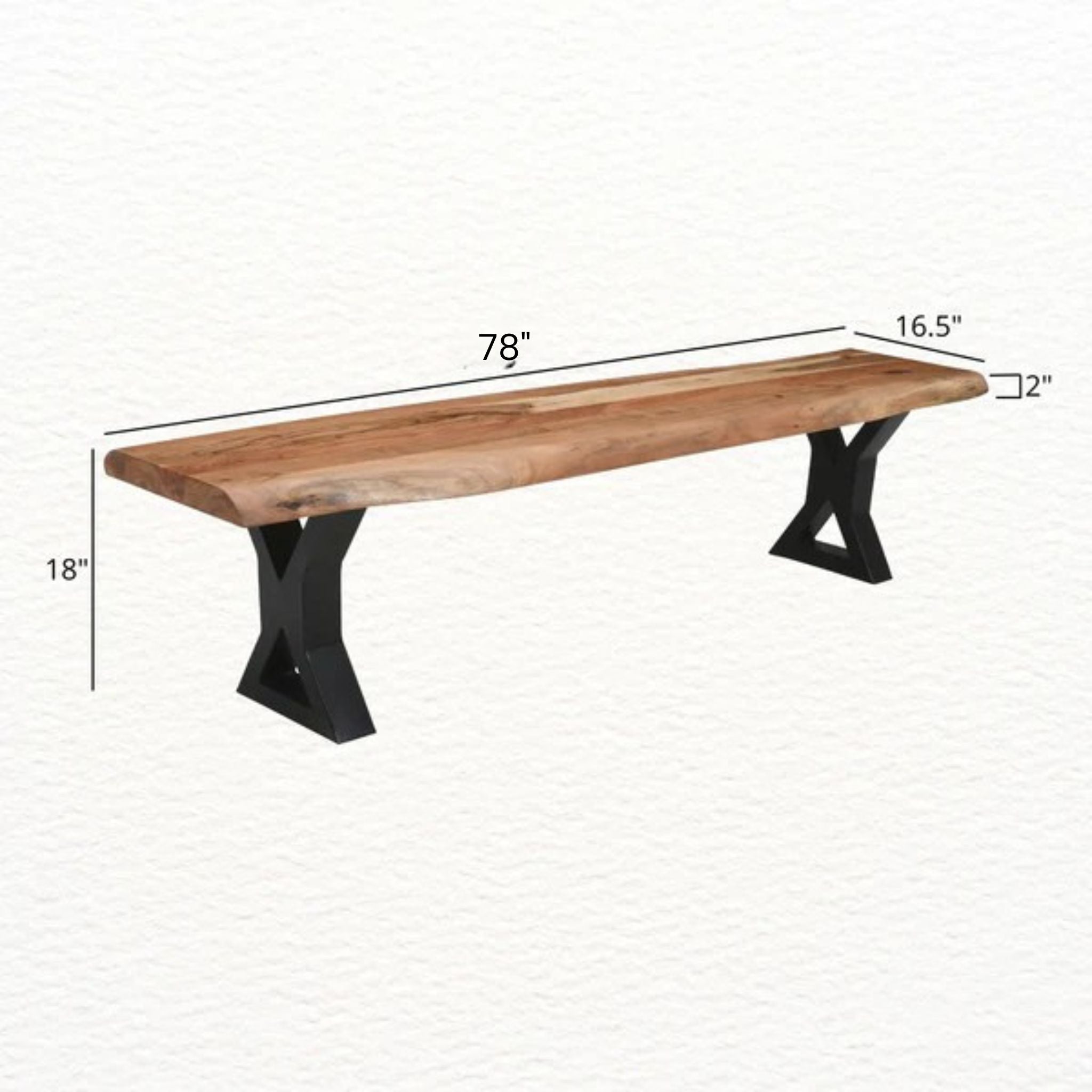 Bench | Live Edge | Acacia Wood | X Metal Legs | Light Brown Color