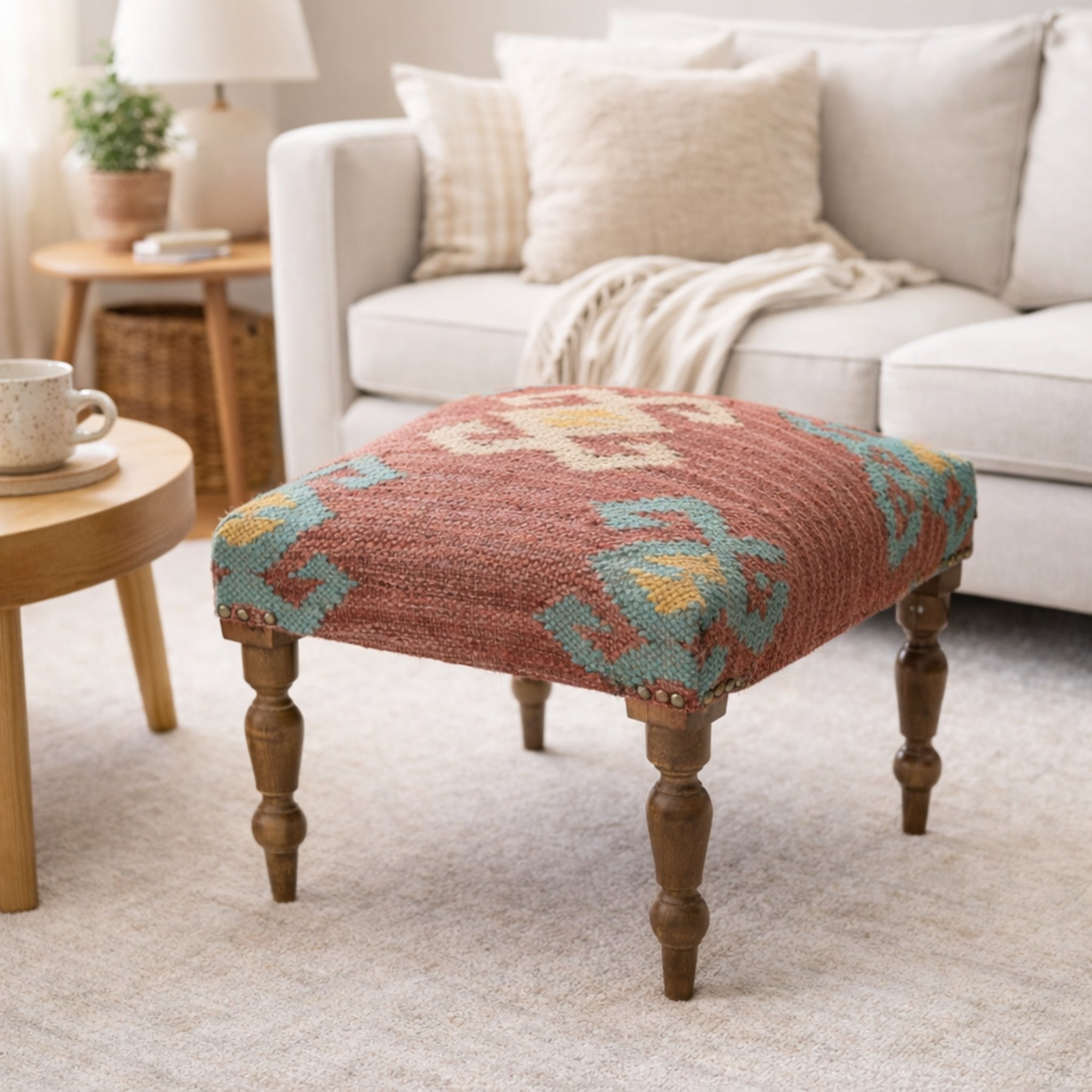 Cinder Handcrafted Kilim Upholstered Wooden Stool
