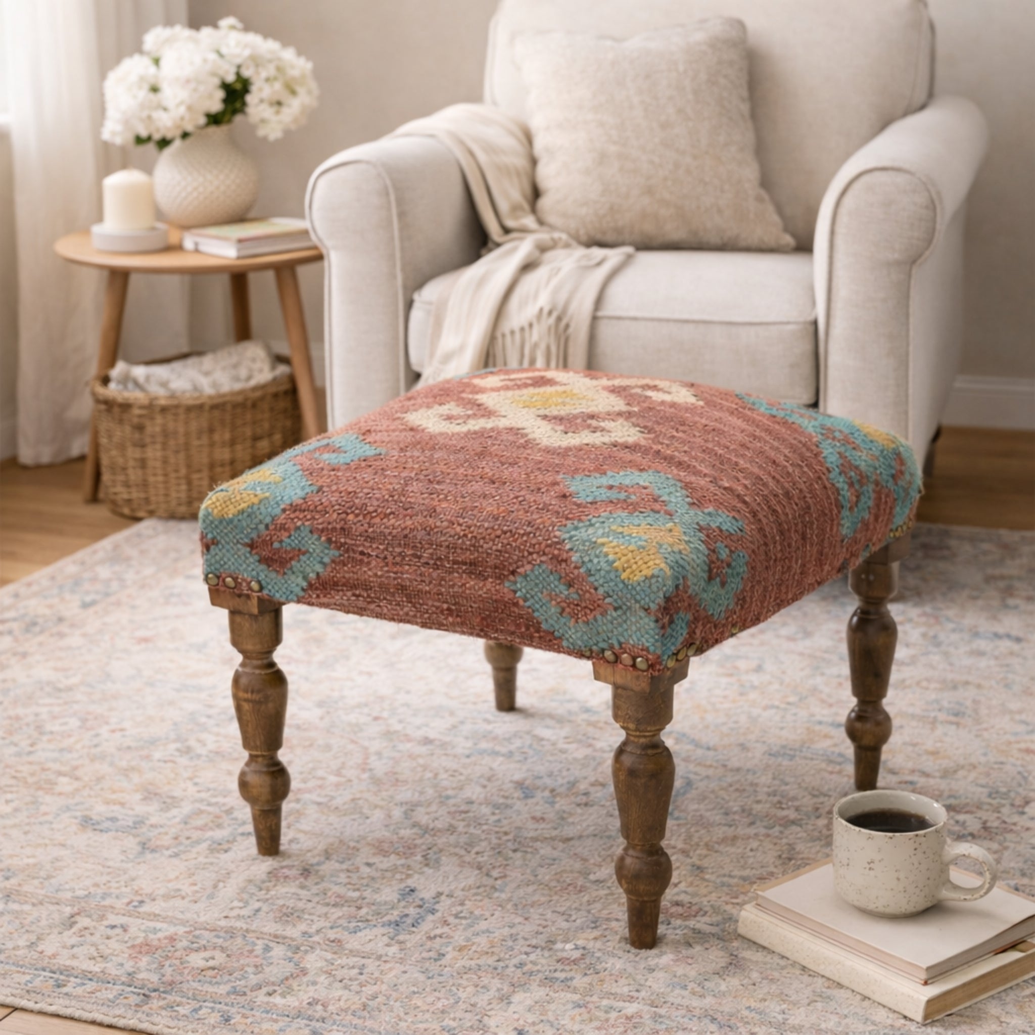 Cinder Handcrafted Kilim Upholstered Wooden Stool 