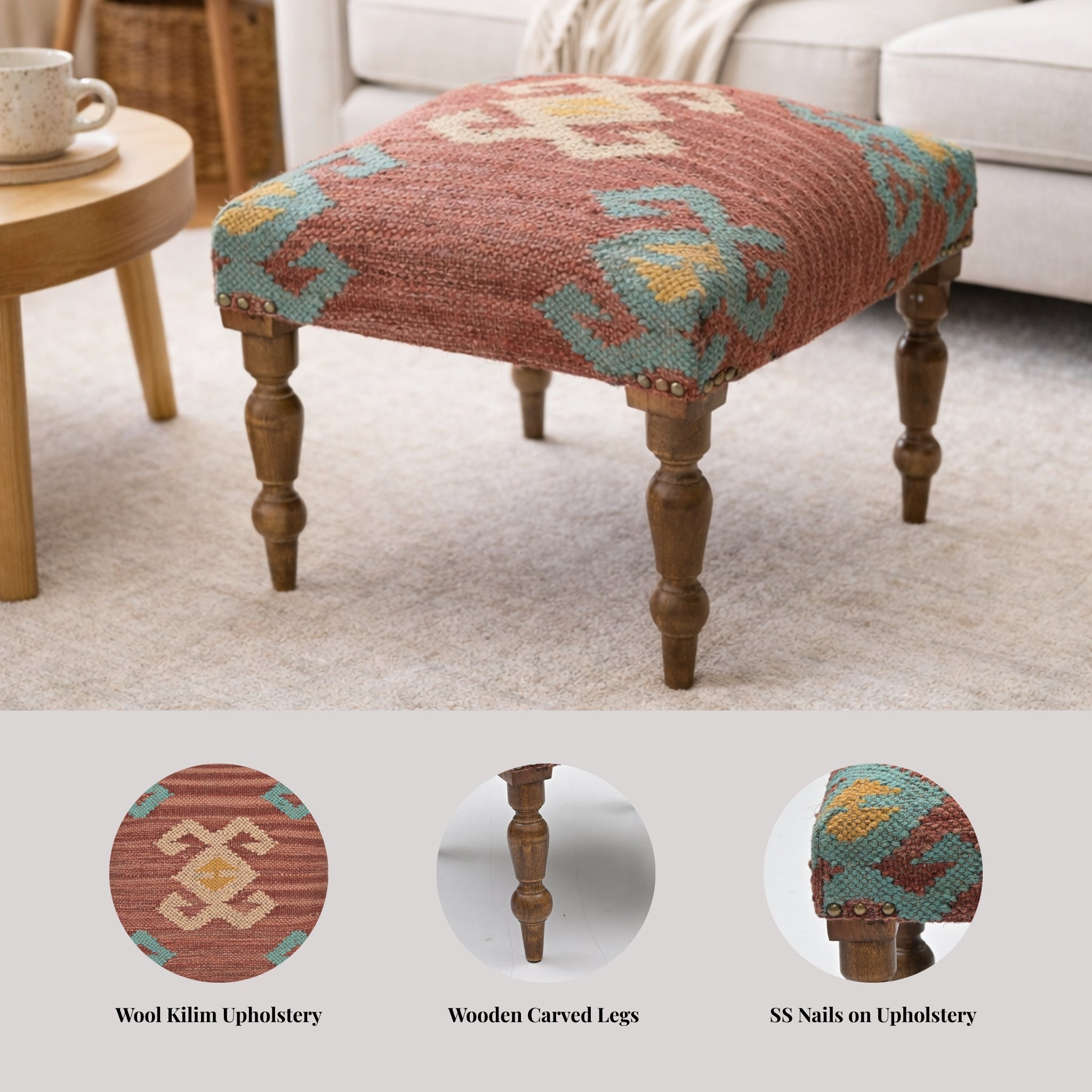 Cinder Handcrafted Kilim Upholstered Wooden Stool